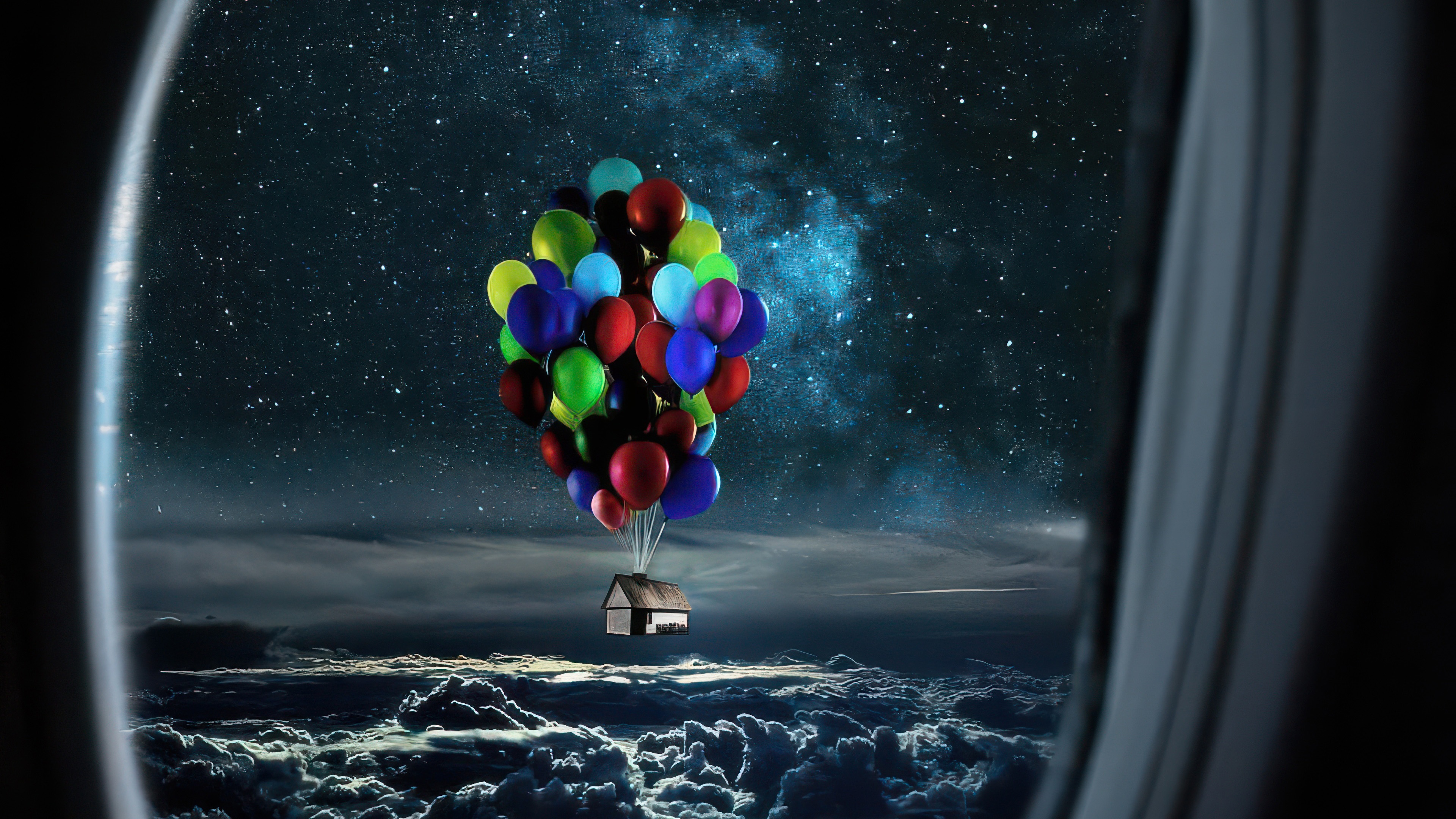 House lifted by balloons in starry sky HD Wallpaper