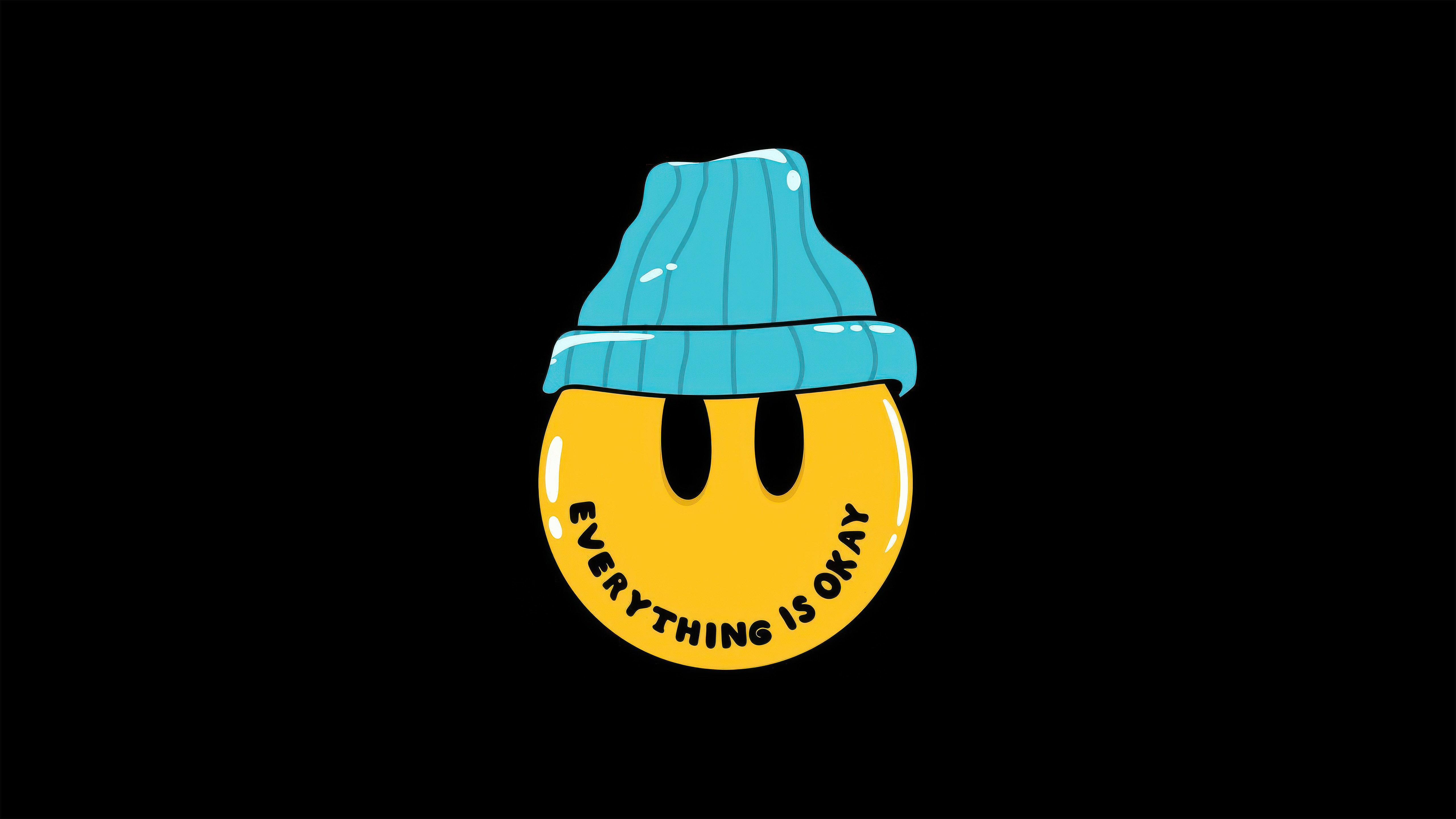 Yellow smiley face with blue beanie and text HD Wallpaper