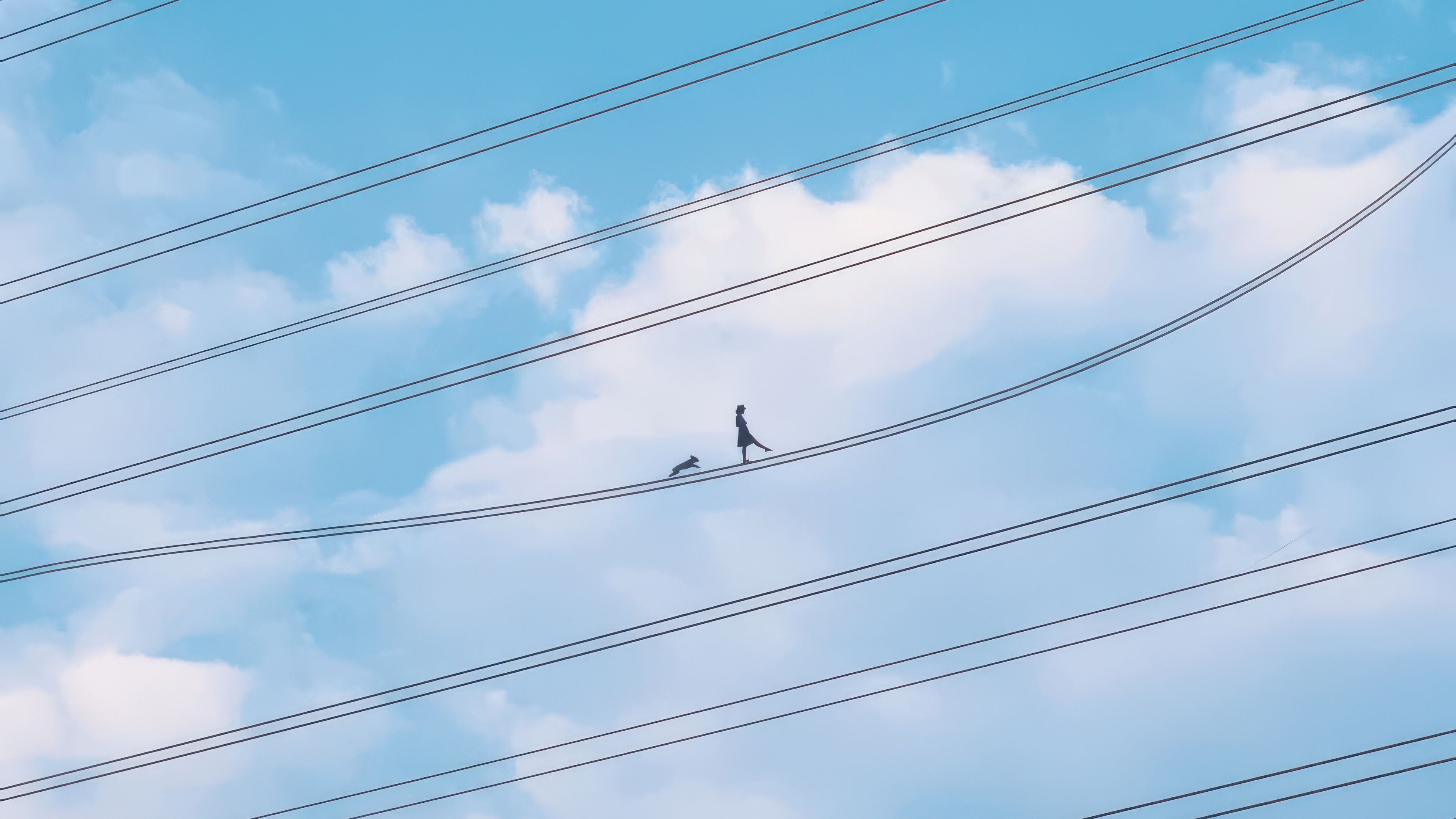 Girl and dog walk on power lines against blue sky HD Wallpaper