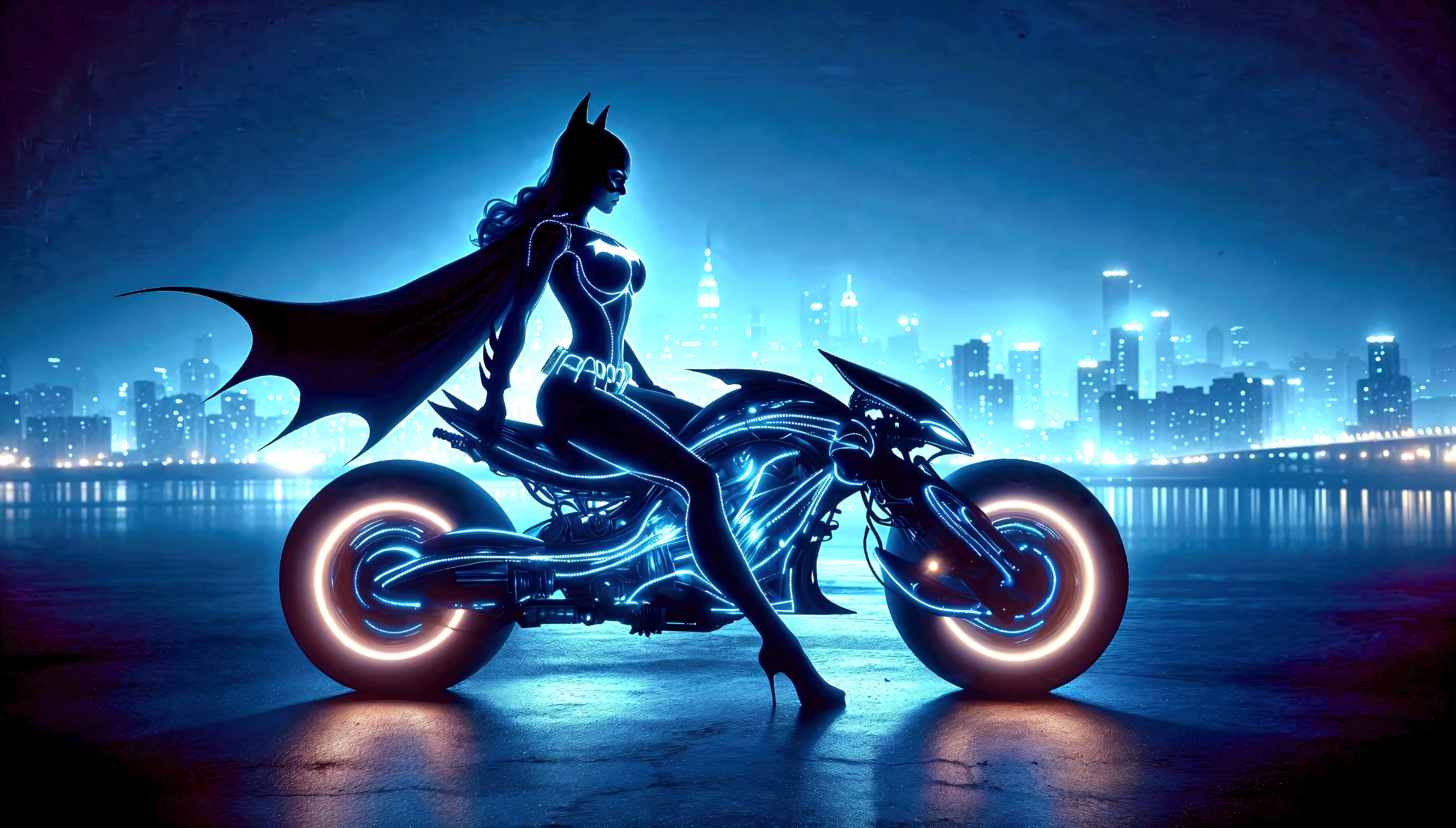 Batgirl on a neon motorcycle in a city at night HD Wallpaper