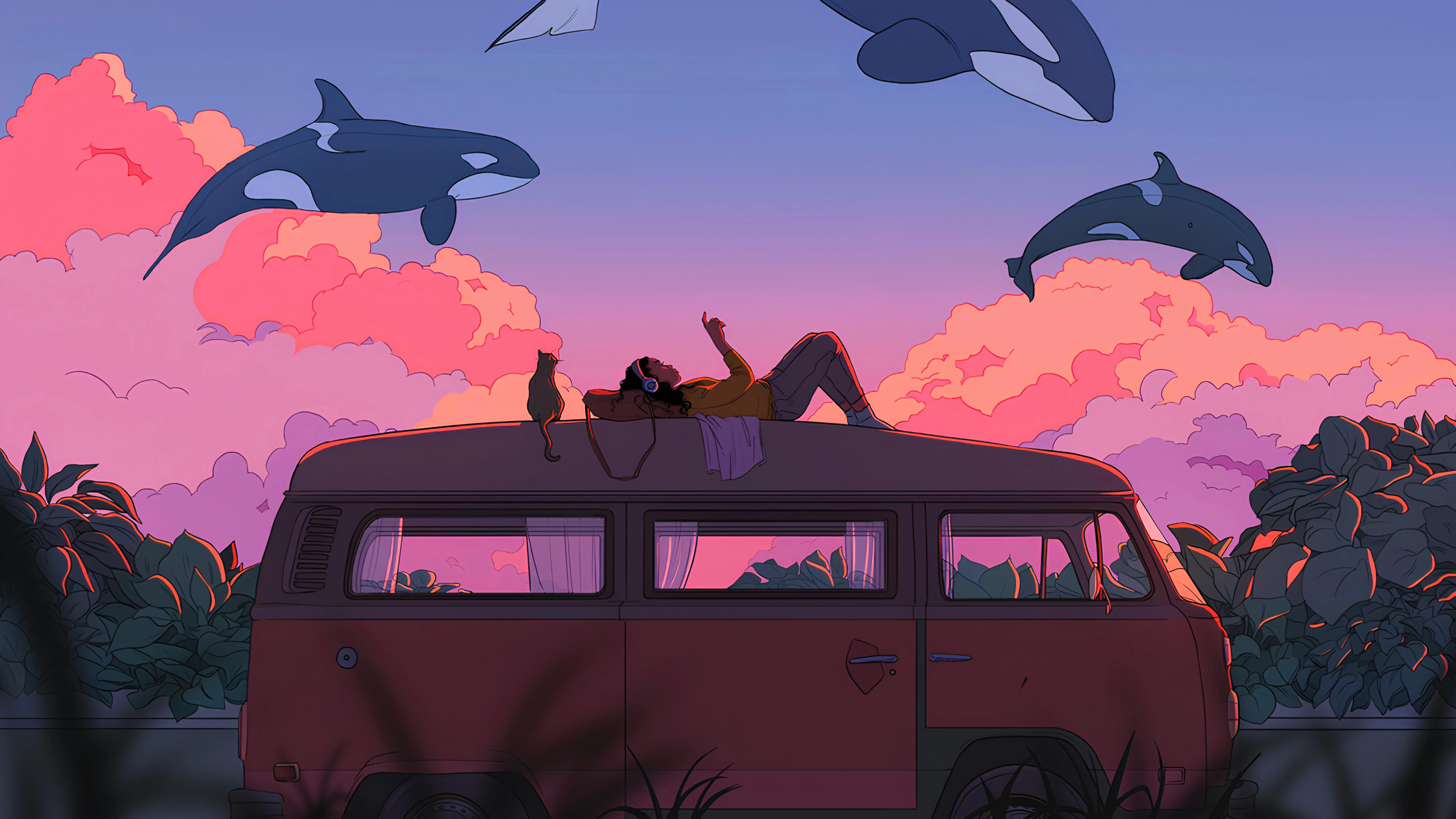 Person and cat on van roof with orcas in sky HD Wallpaper