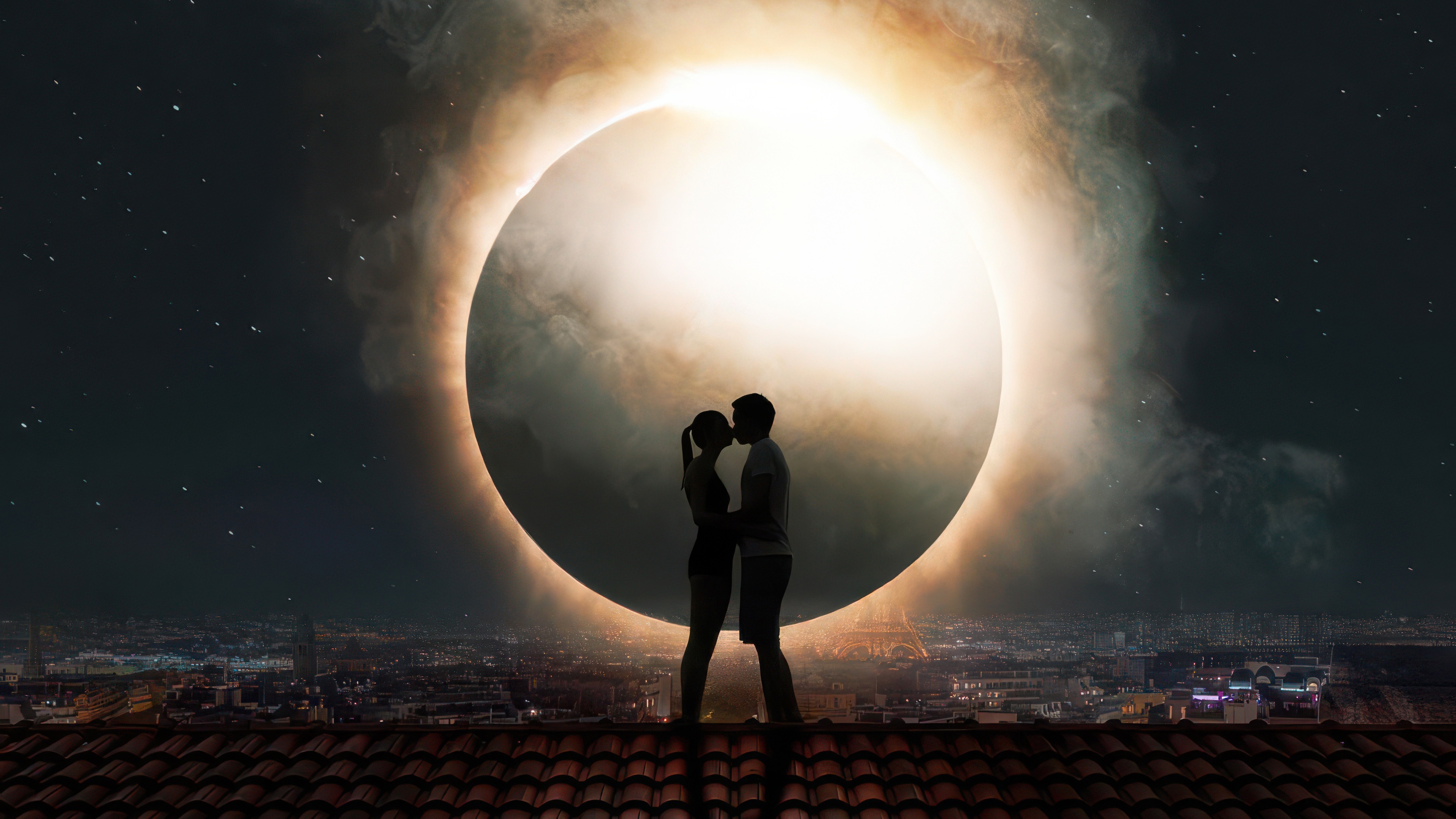 Couple kissing during a solar eclipse over a city HD Wallpaper