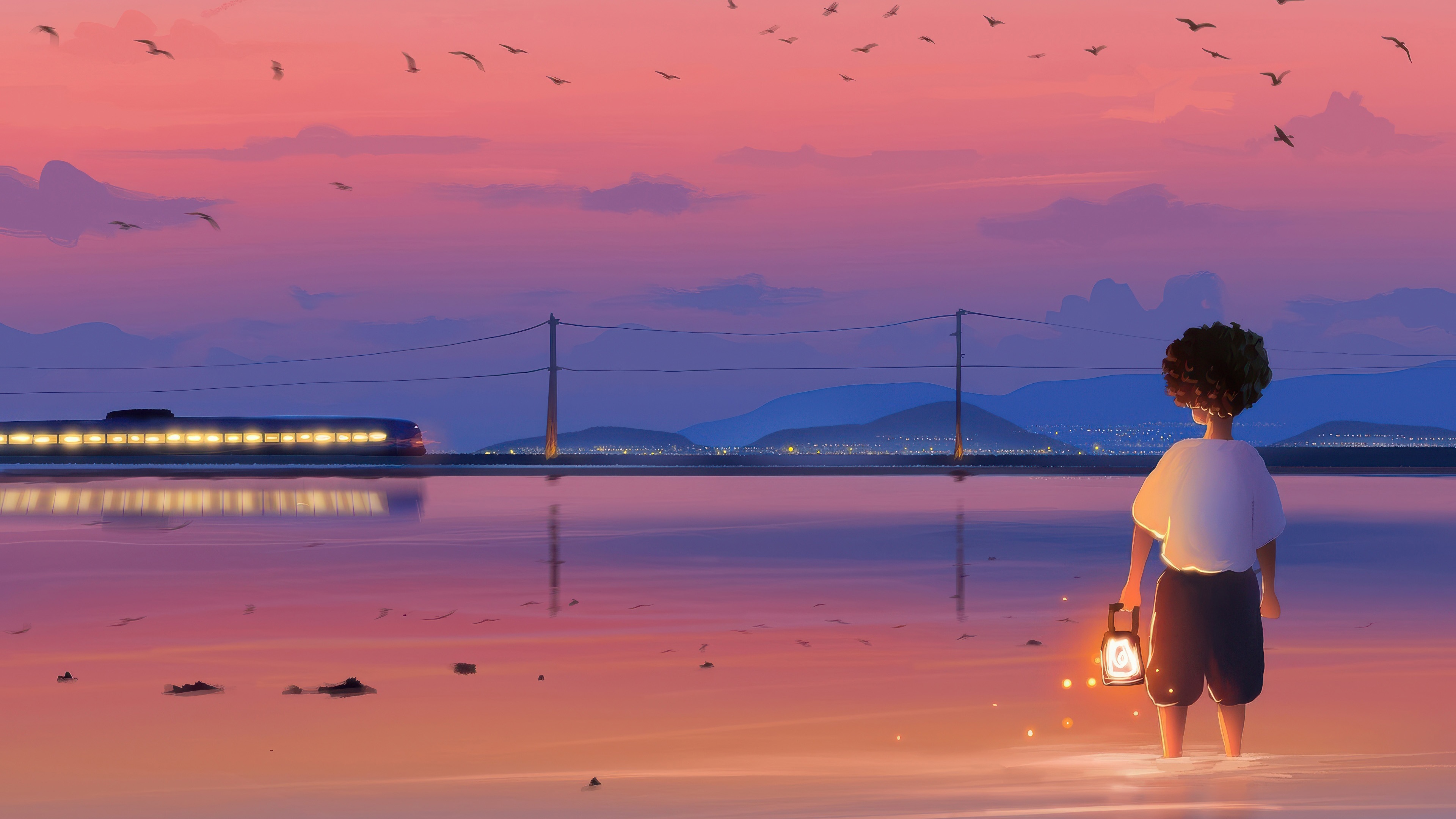 Boy with lantern walks in water at sunset HD Wallpaper