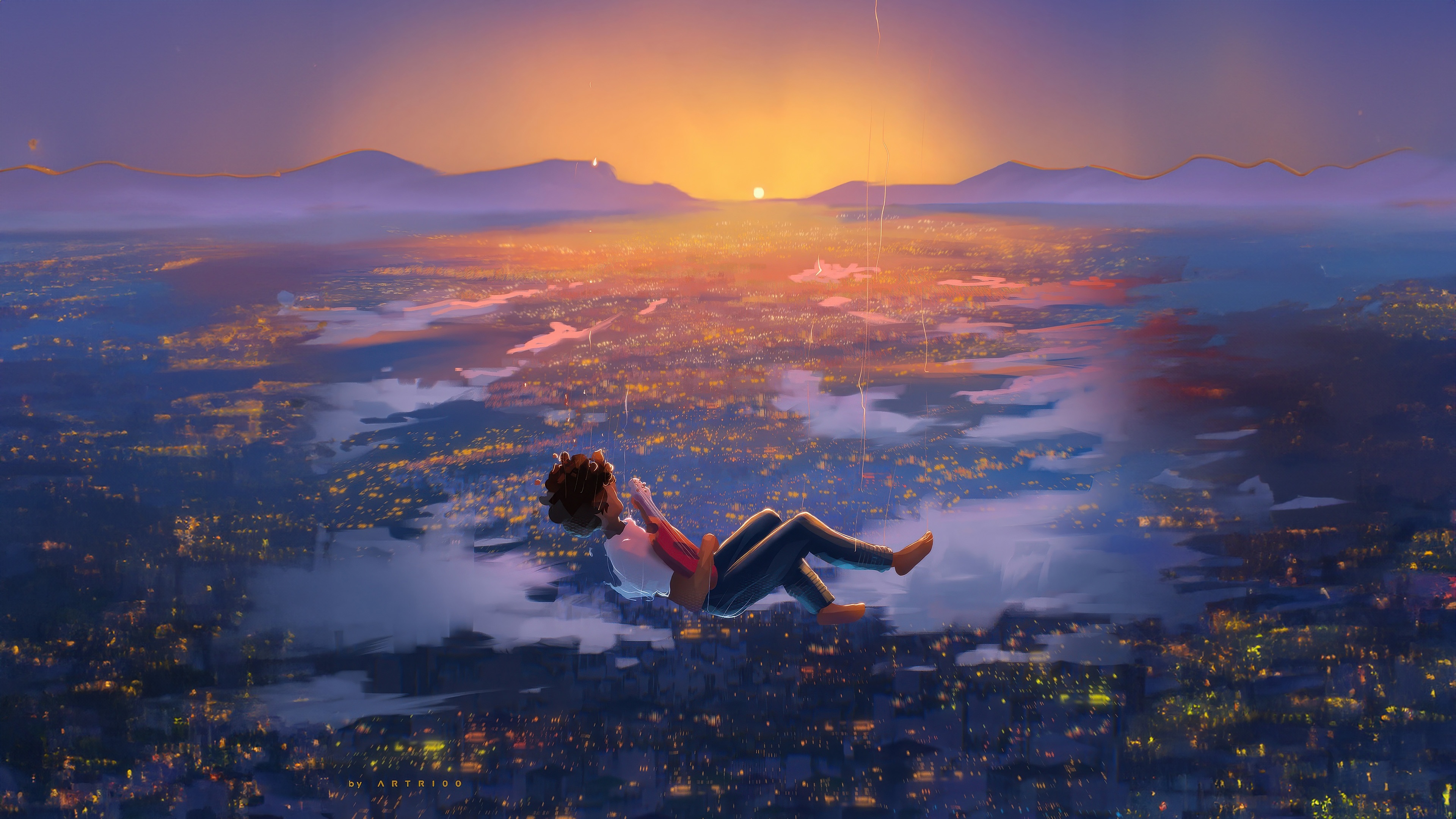 Girl swinging over a city at sunset HD Wallpaper