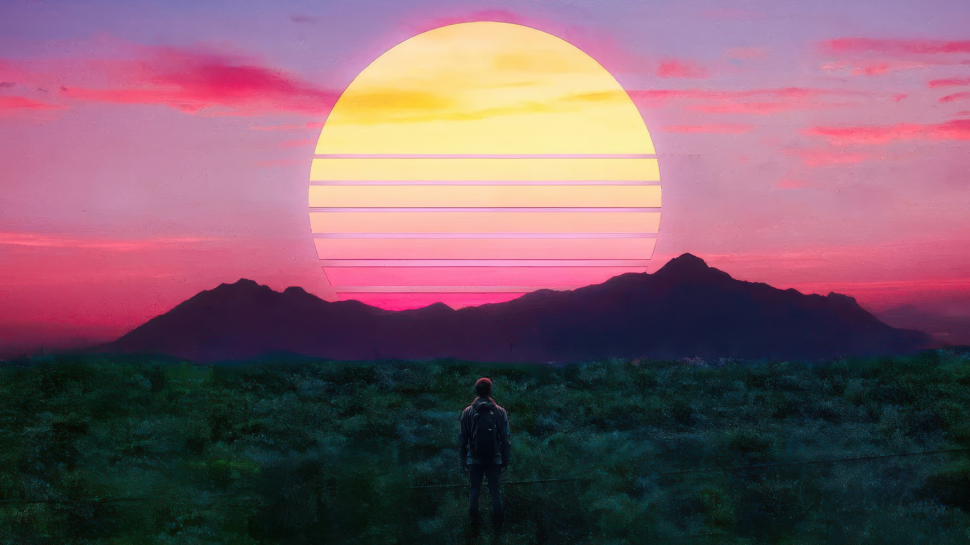 Man watches a retro sunset over mountains HD Wallpaper