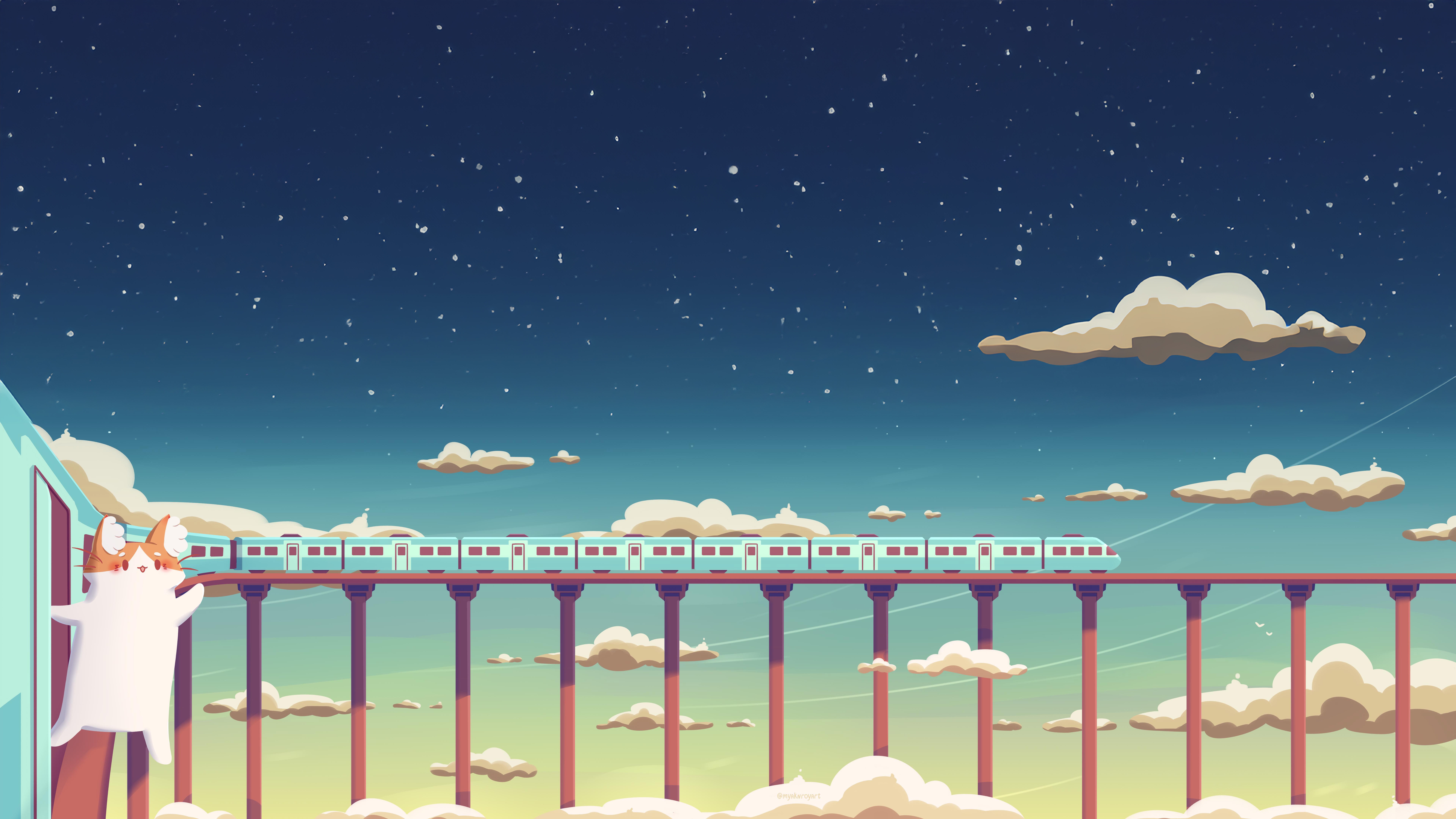 Cat Journey on a Train Bridge HD Wallpaper