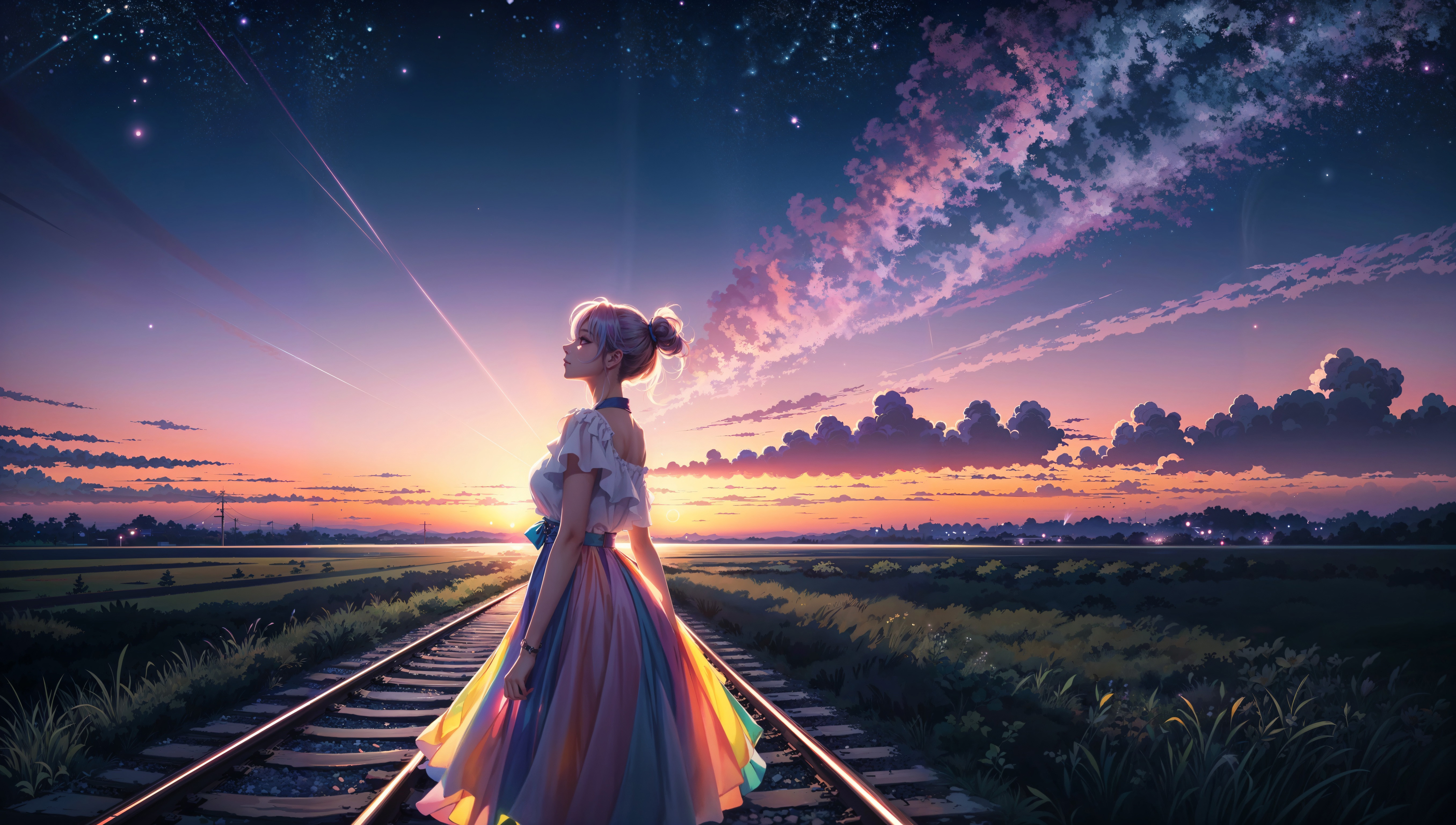 Anime girl in a colorful dress on railway tracks at sunset HD Wallpaper