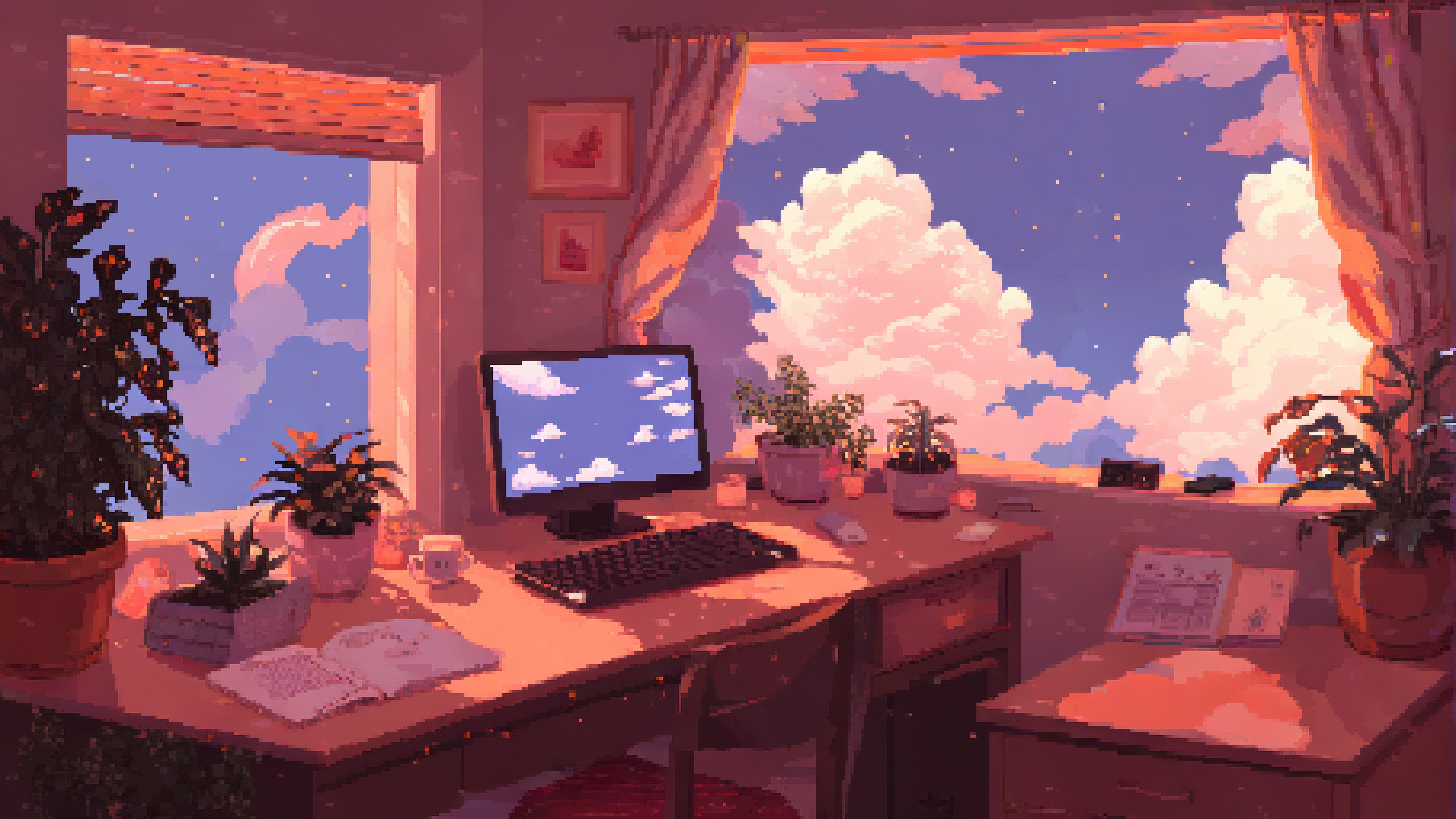 Pixel art workspace with a computer and window view HD Wallpaper