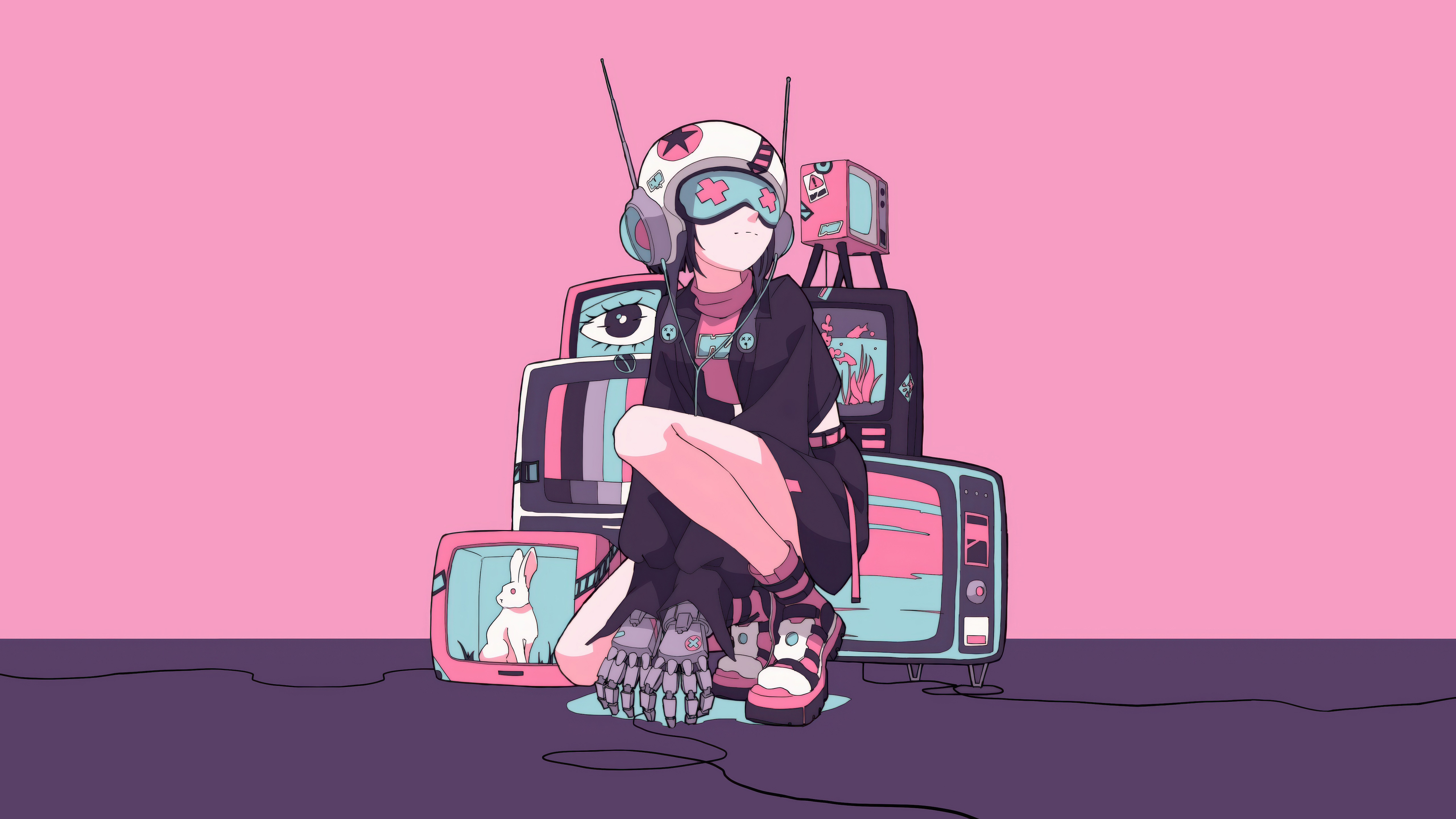 Girl with robot legs and vintage TVs HD Wallpaper