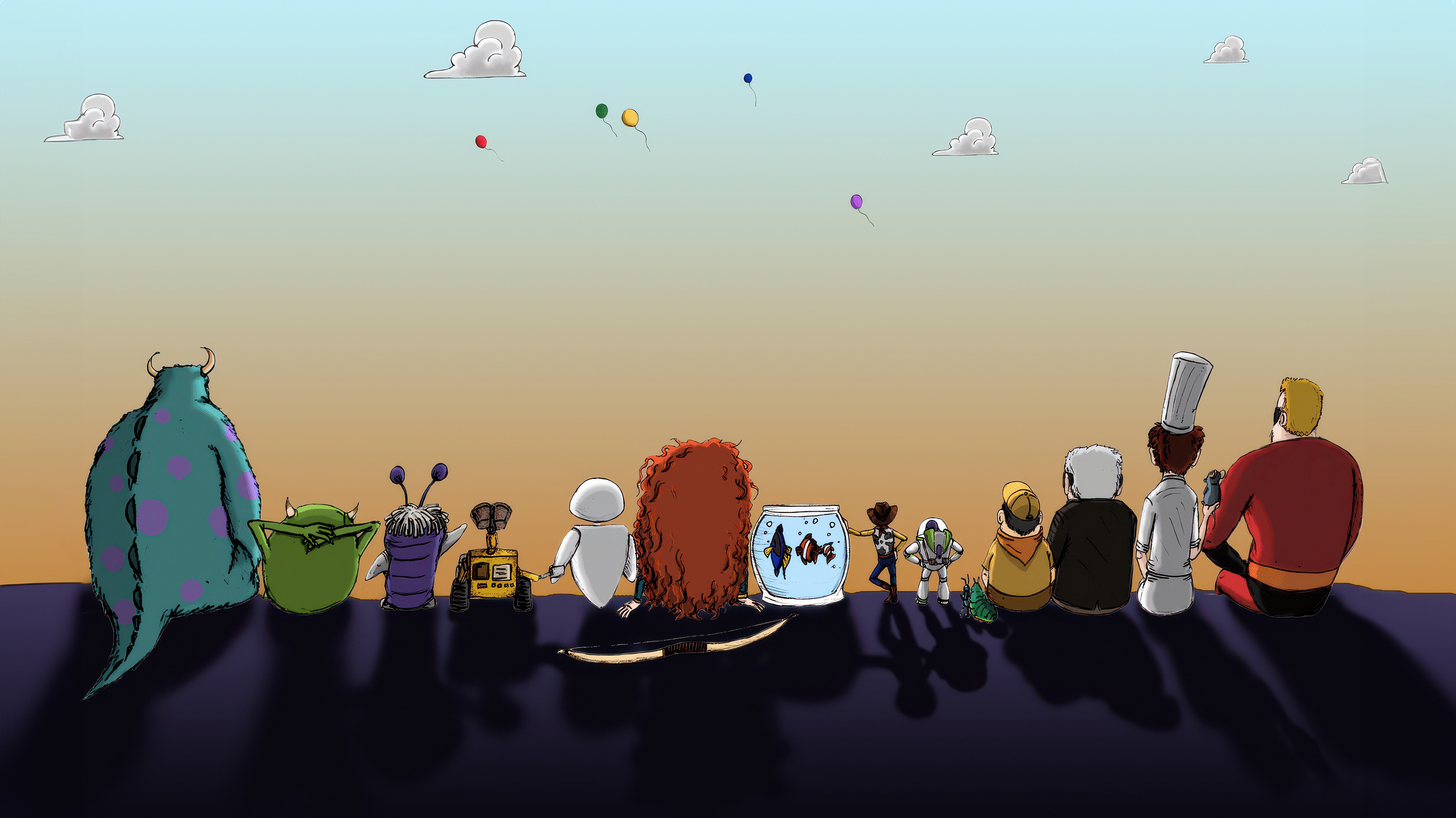 Pixar Characters Sitting Together Watching Balloons HD Wallpaper