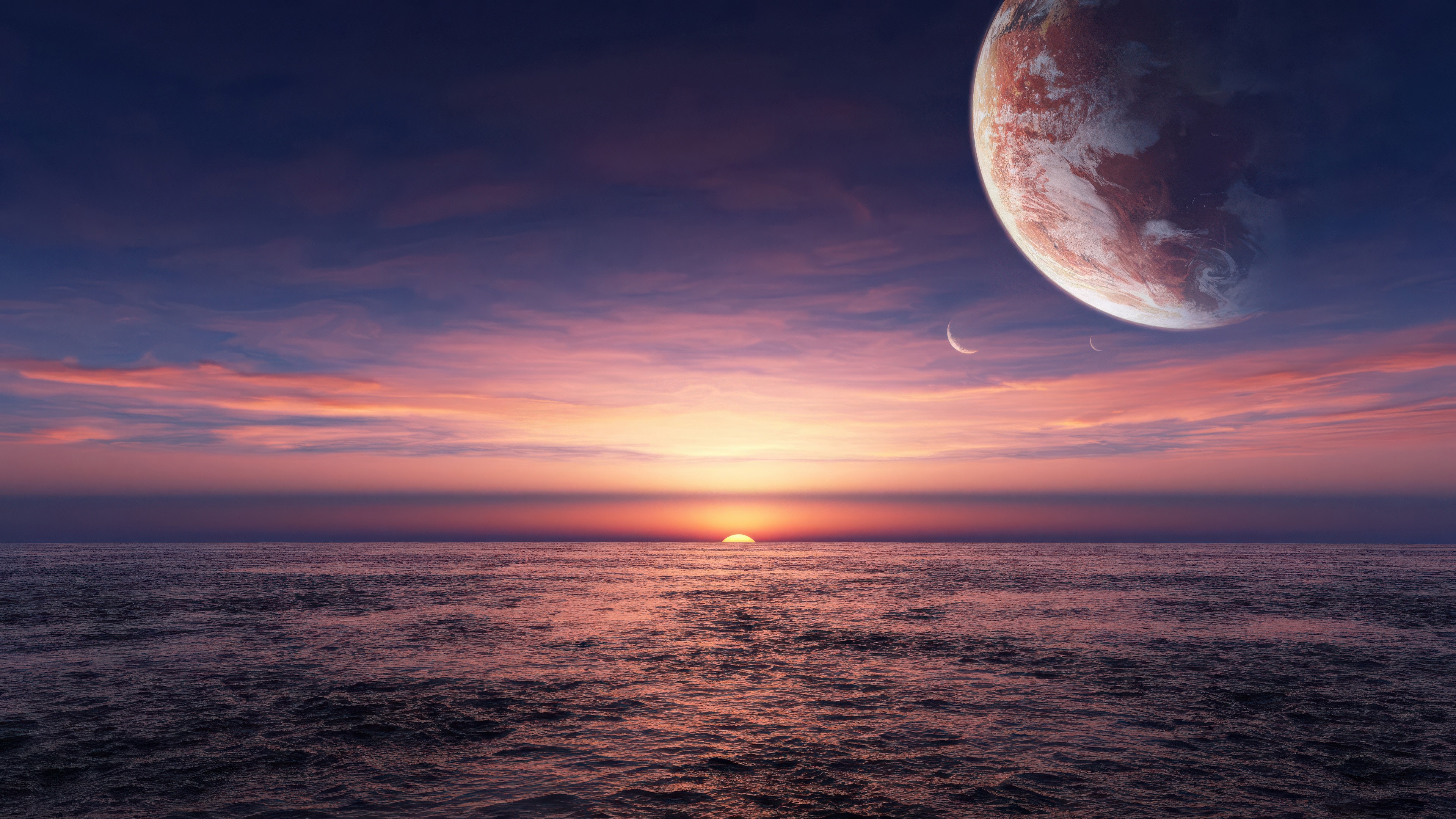 Planet and Sea at Sunset HD Wallpaper
