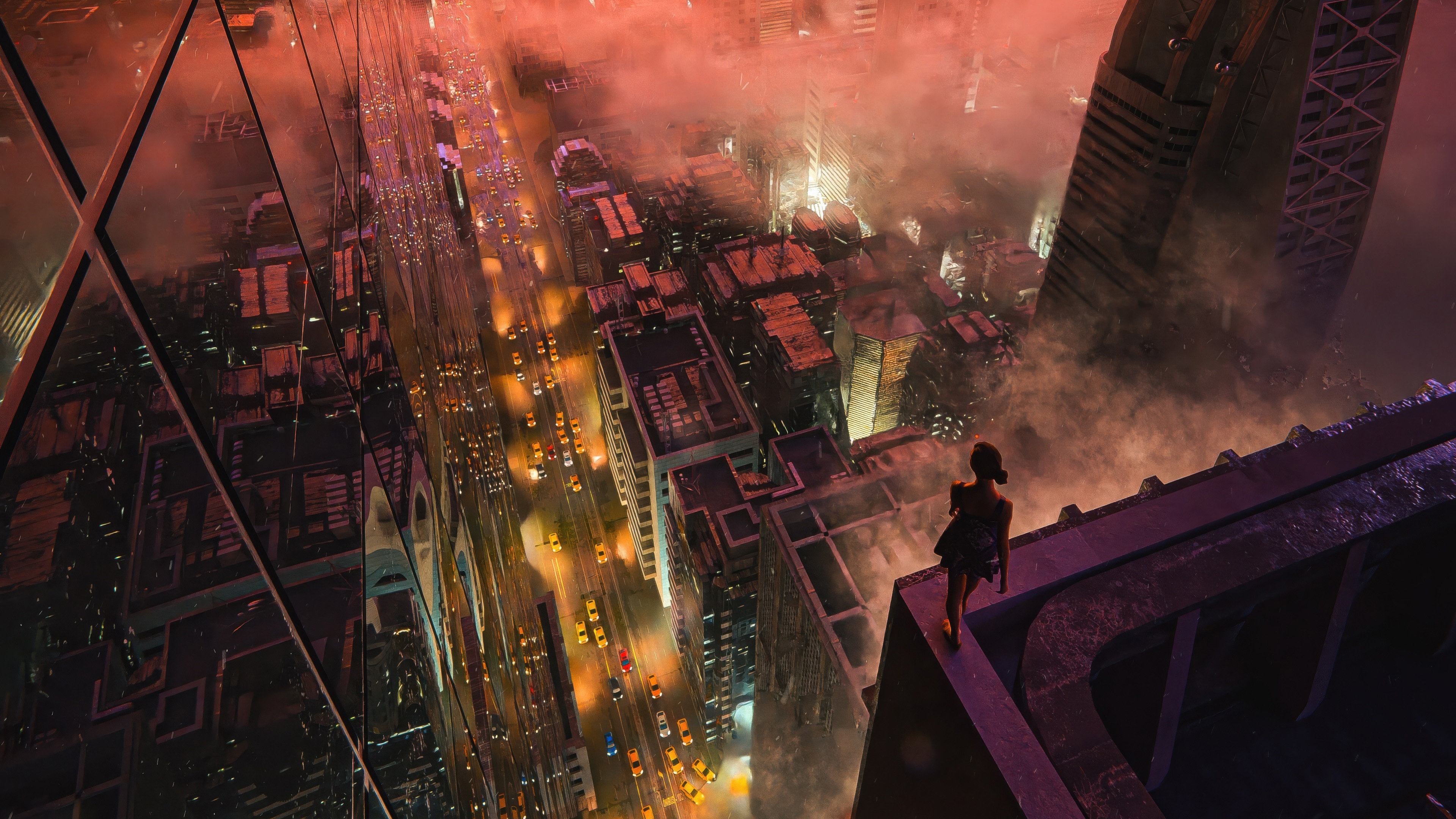 Girl on a skyscraper overlooking a foggy city at sunrise HD Wallpaper