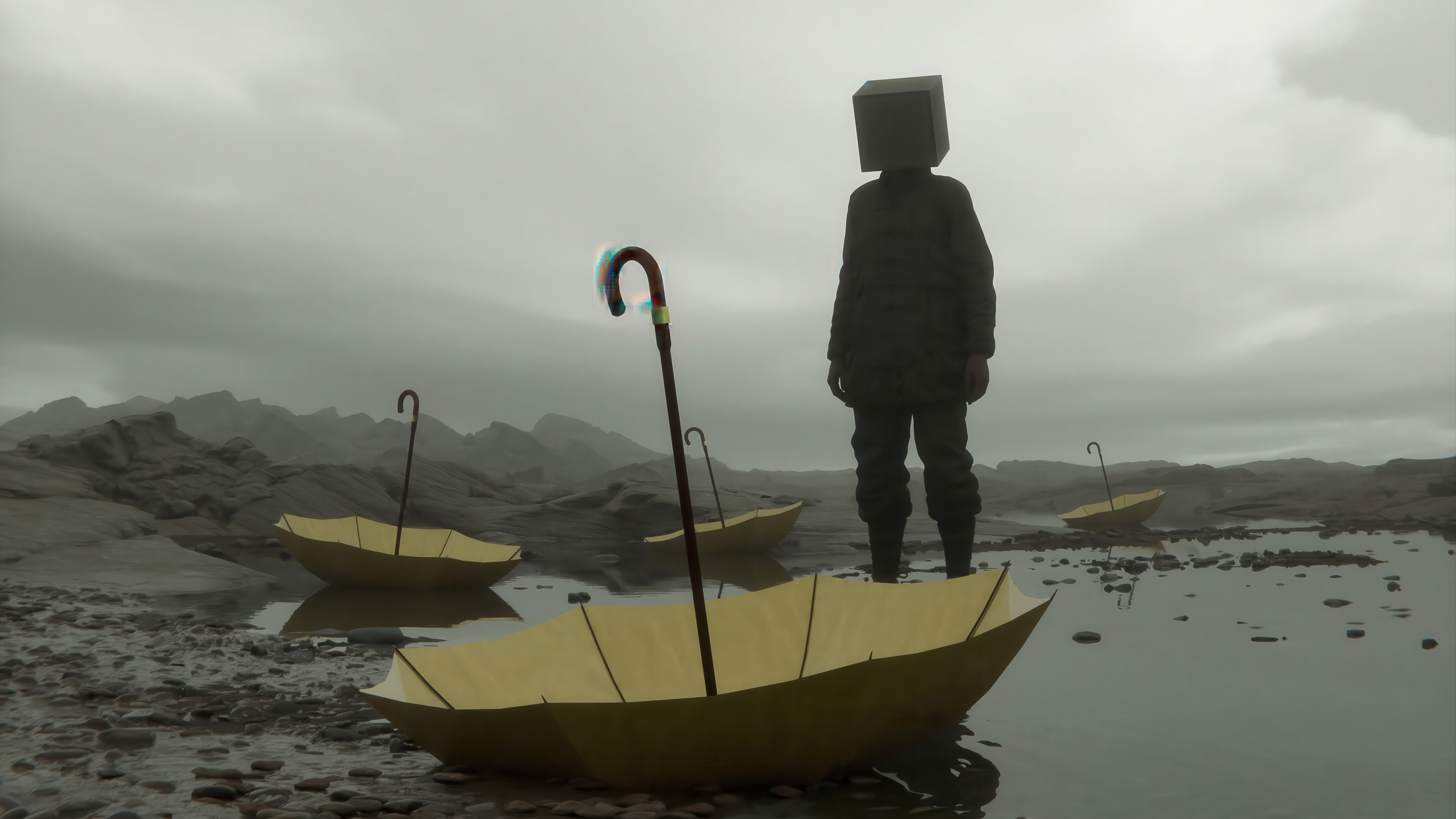 Forgotten Umbrellas in a desolate landscape HD Wallpaper