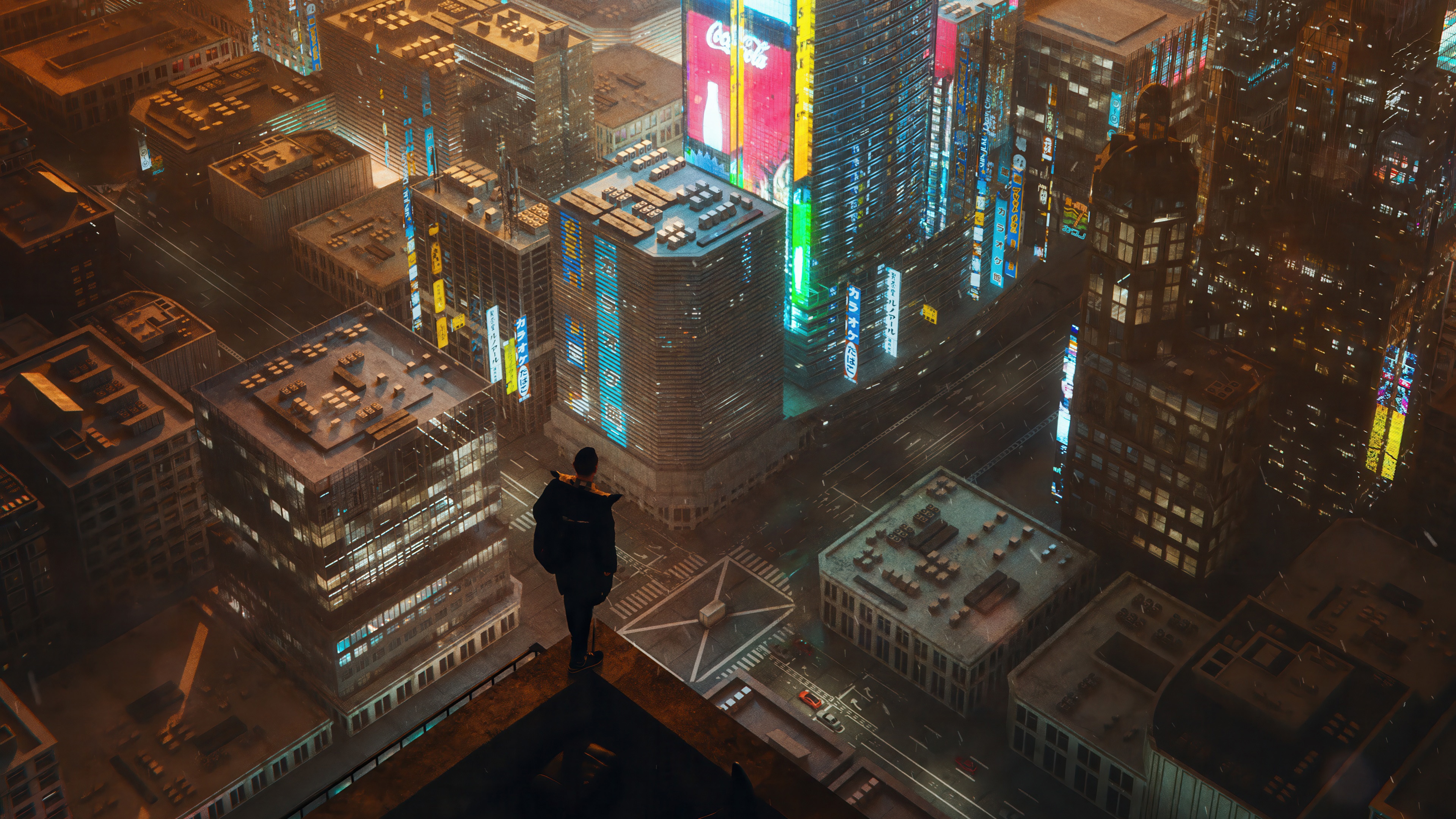 Man surveys a futuristic city at night HD Wallpaper