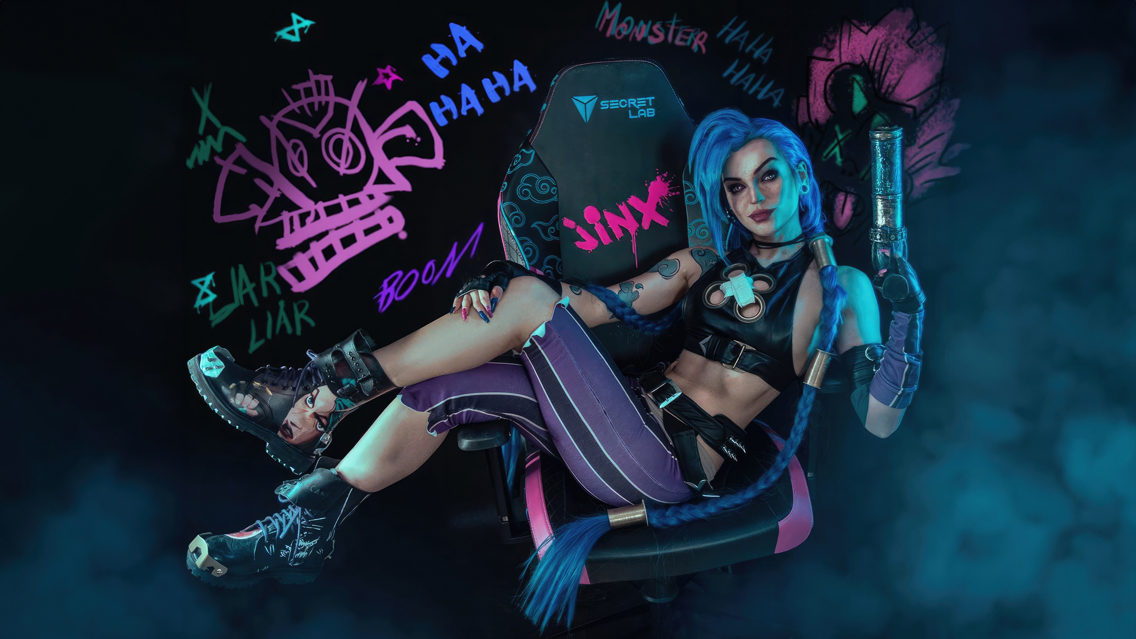 Jinx from Arcane sits in a Secretlab chair HD Wallpaper