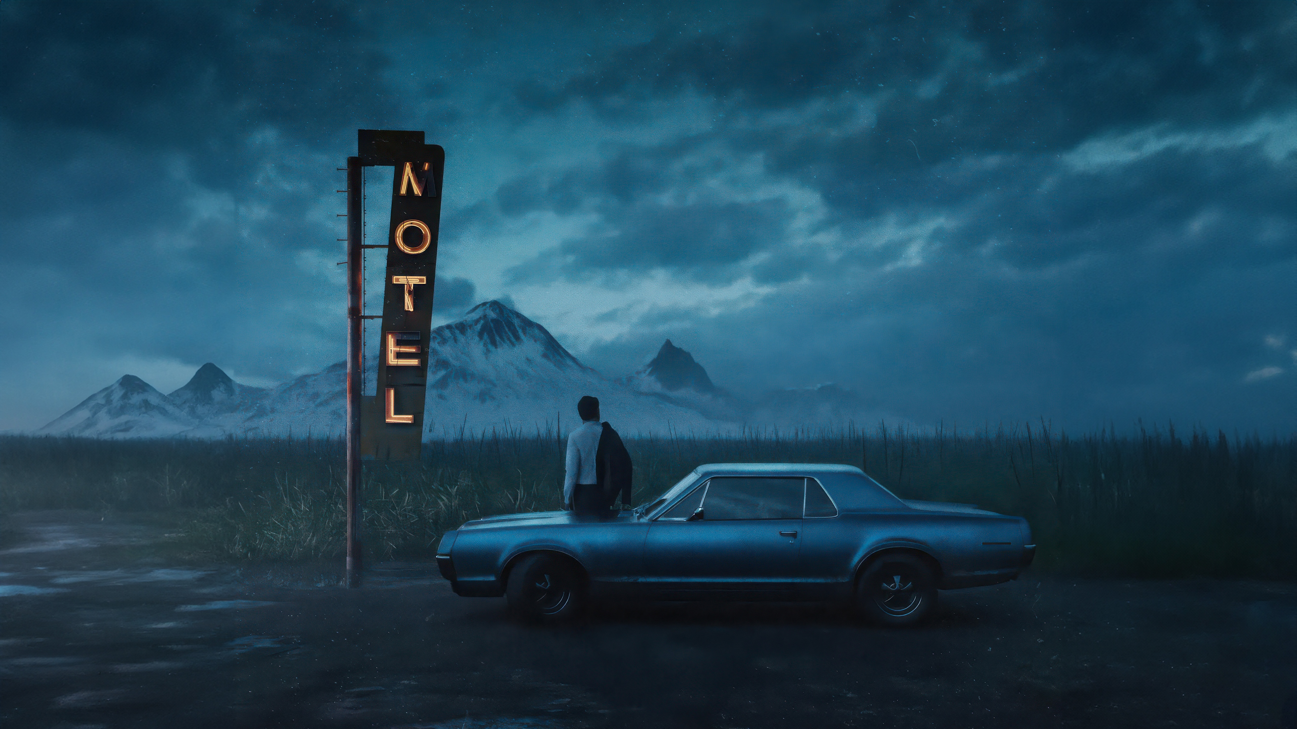 Vintage Car and Motel at Dusk HD Wallpaper