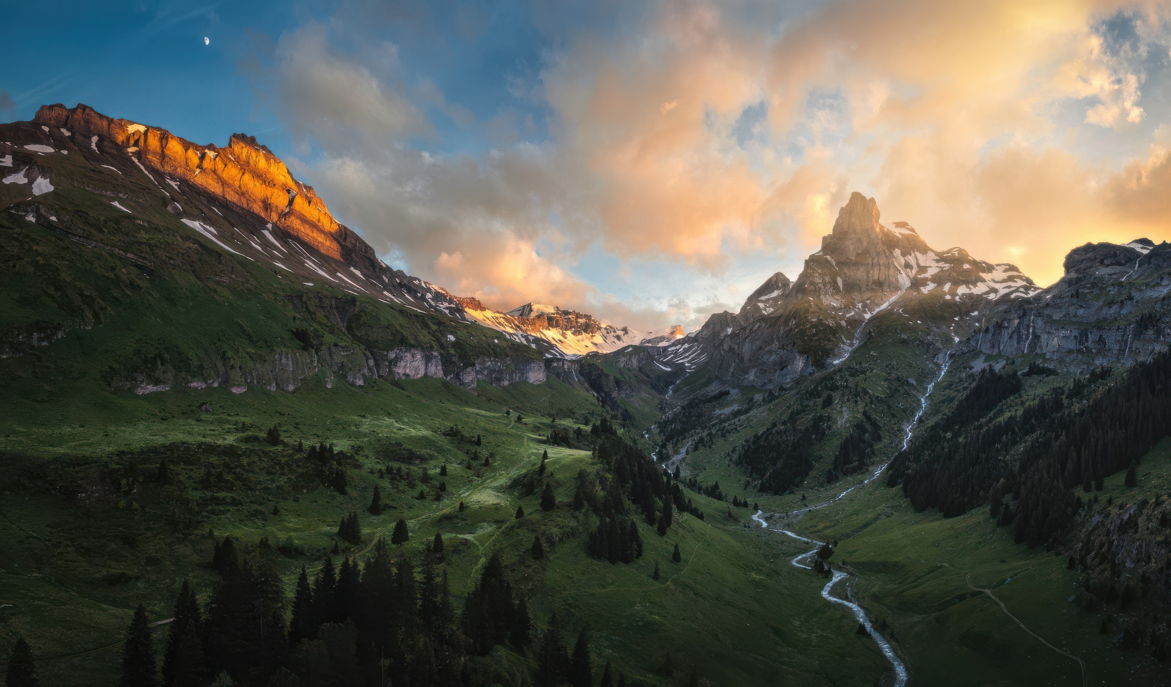 Valley and mountains at sunset with moon HD Wallpaper