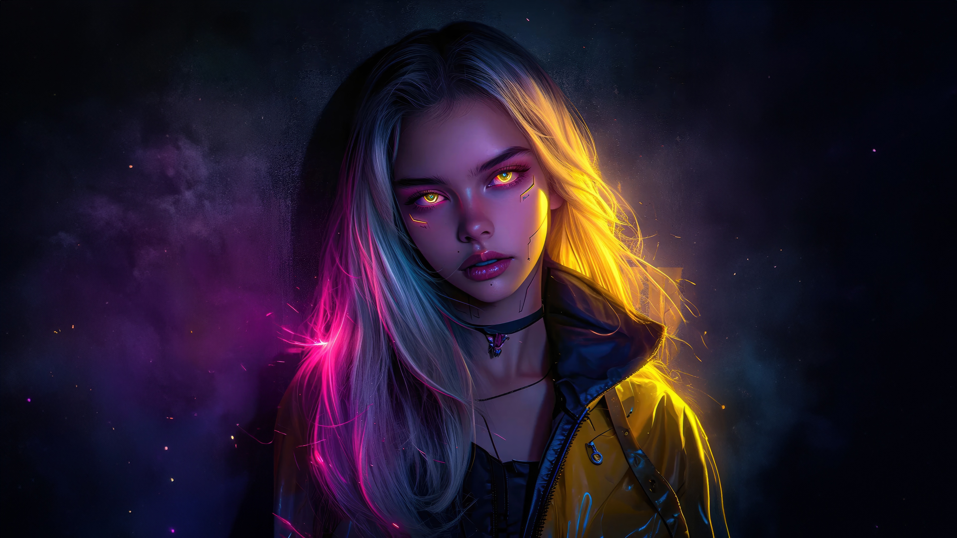 Cyberpunk woman with glowing eyes and pink and yellow hair HD Wallpaper