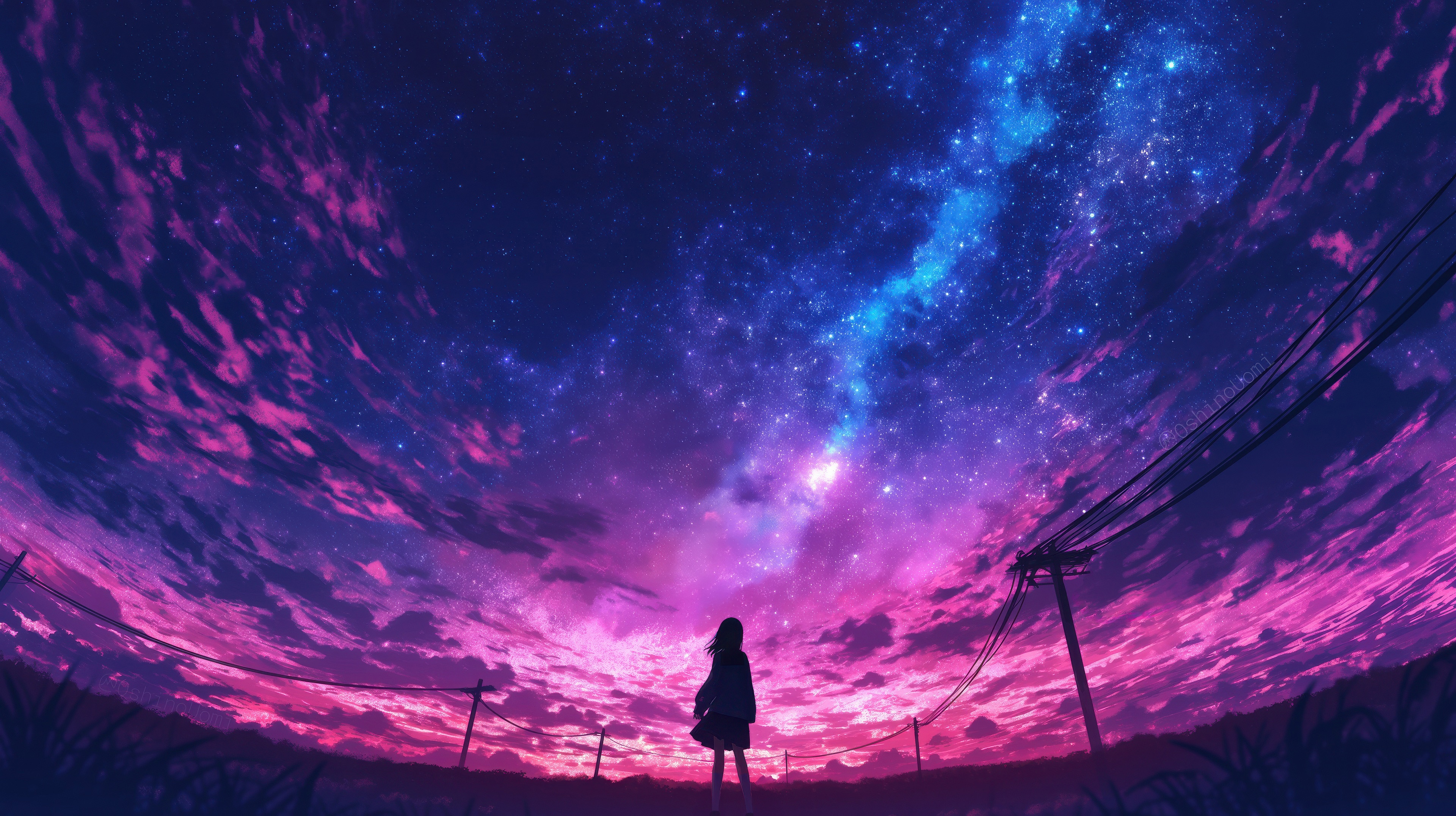 Anime girl watching a vibrant starry sky HD Wallpaper