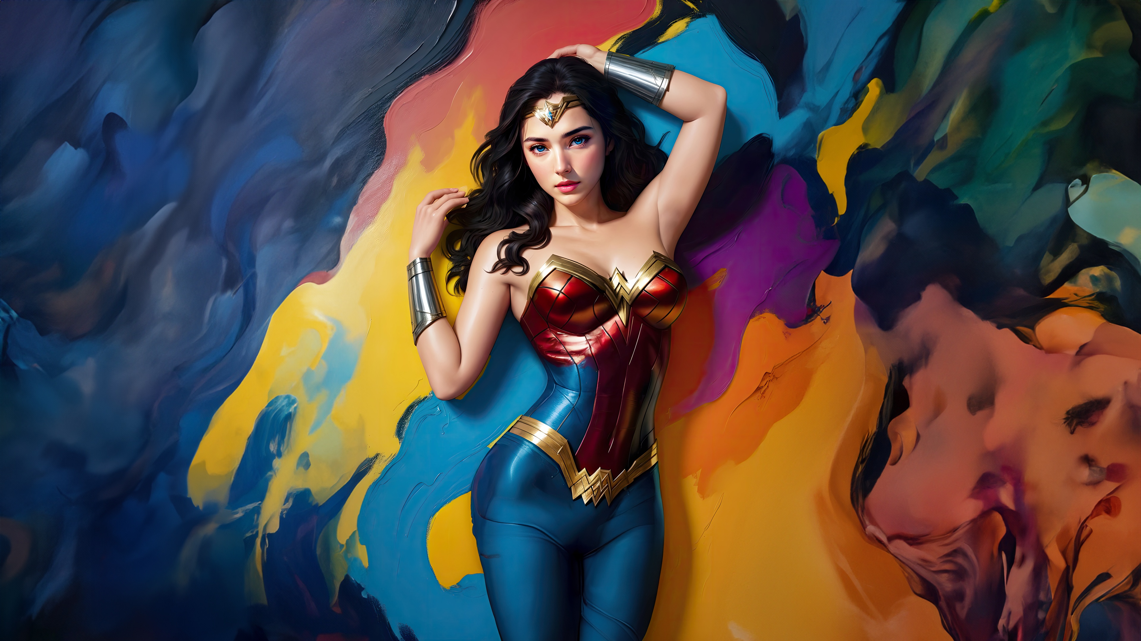 Wonder Woman Poses Against Abstract Colorful Background HD Wallpaper