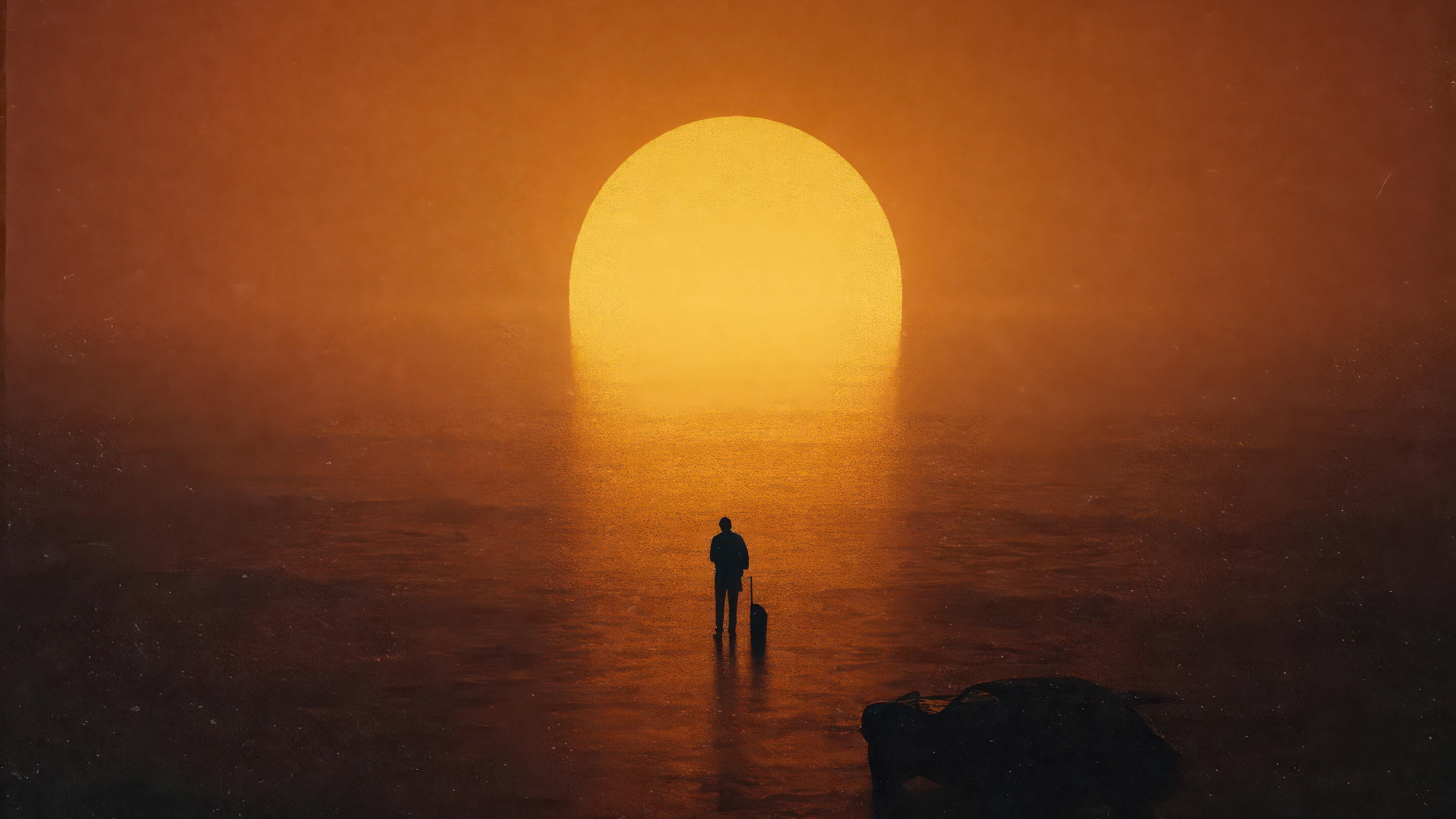 Man with suitcase walking towards the sun HD Wallpaper