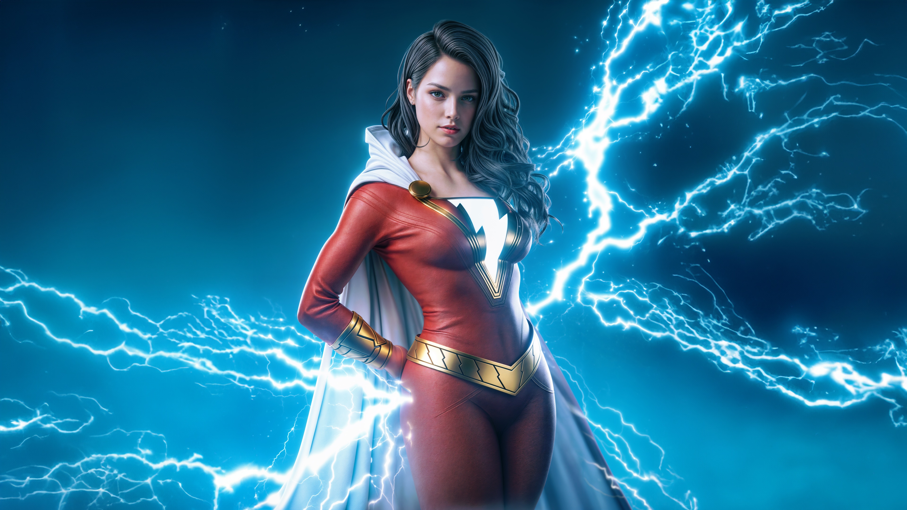Mary Marvel surrounded by blue lightning HD Wallpaper