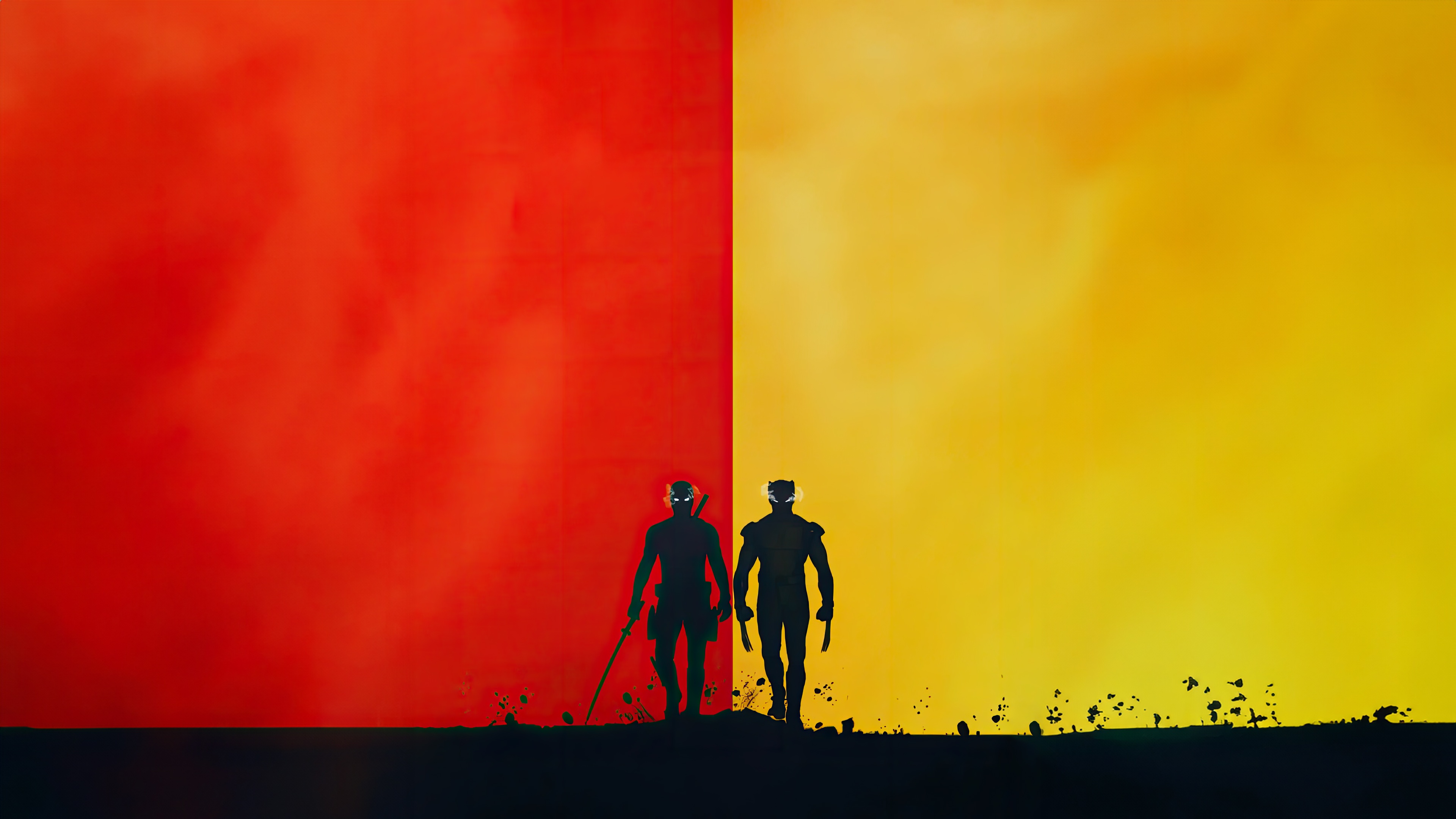 Deadpool and Wolverine silhouettes on red and yellow background HD Wallpaper