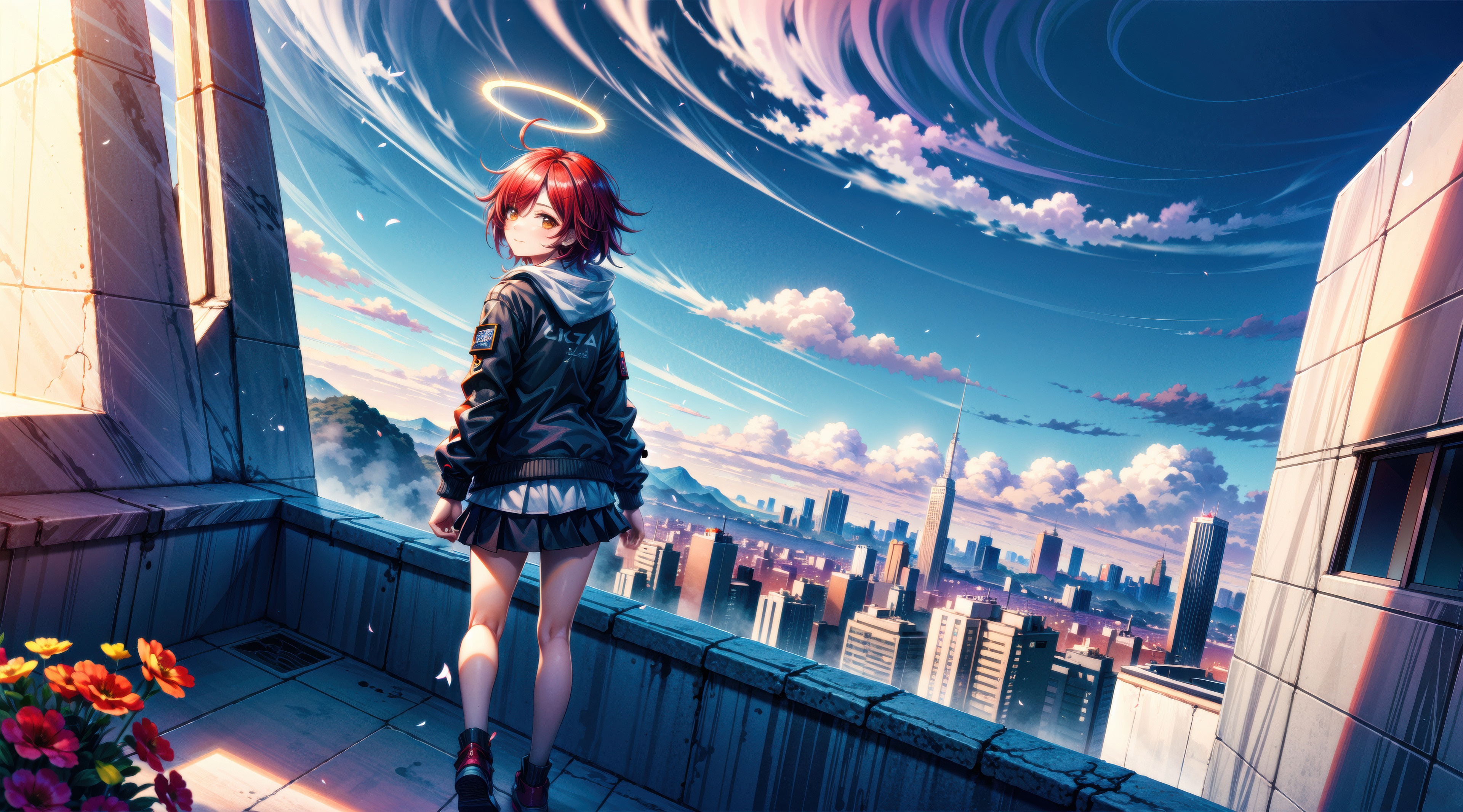 Arknights Anime Charm Girl on Rooftop Overlooking City HD Wallpaper