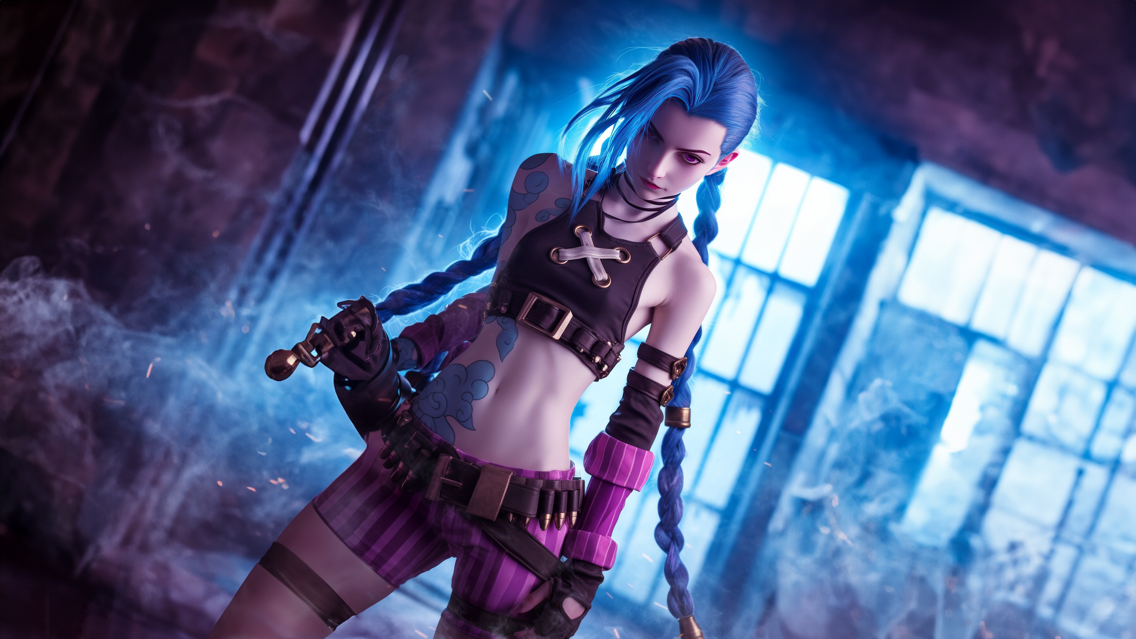Jinx from Arcane with blue braids and purple shorts HD Wallpaper