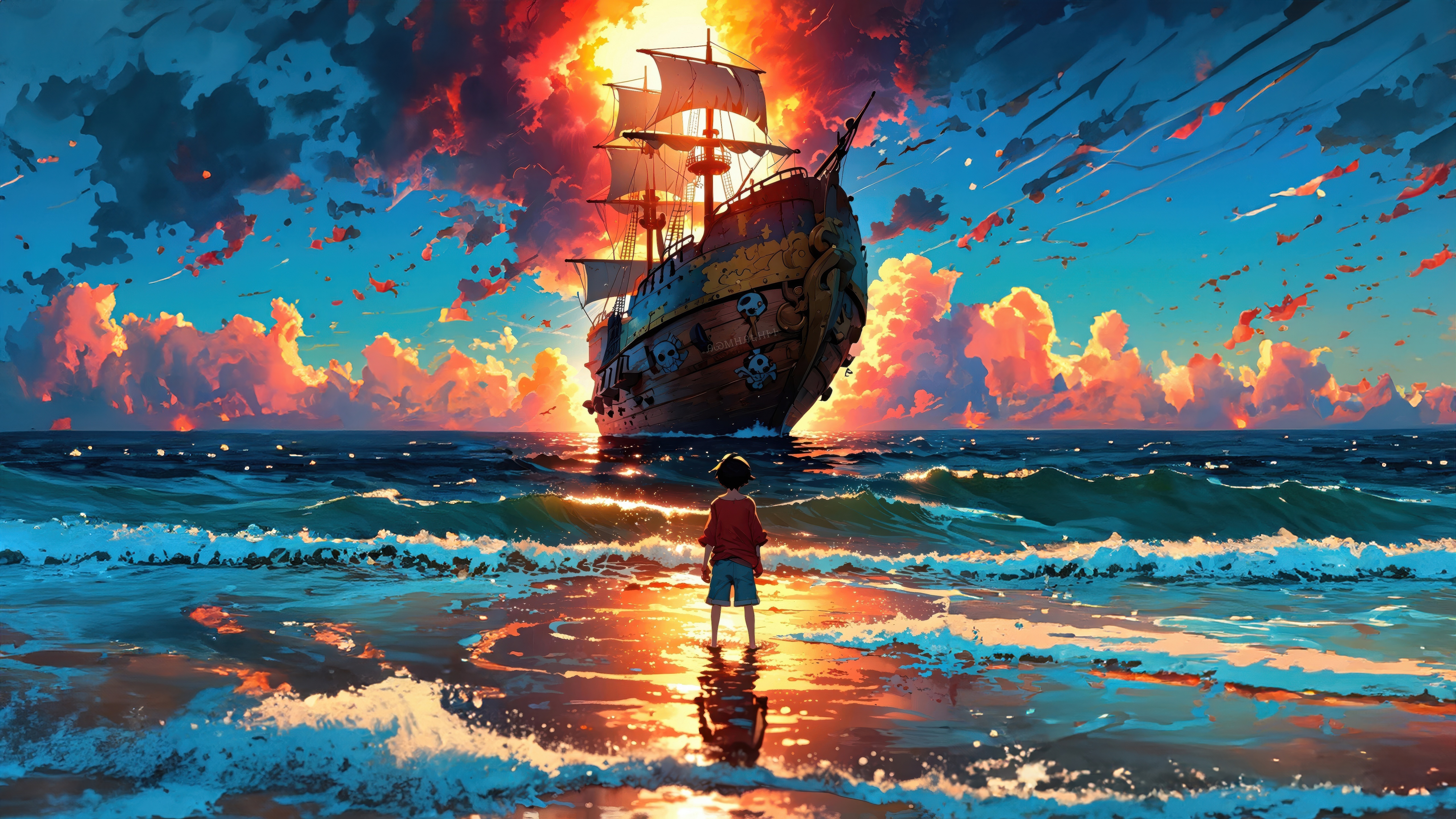 Luffy and a pirate ship at sunset HD Wallpaper