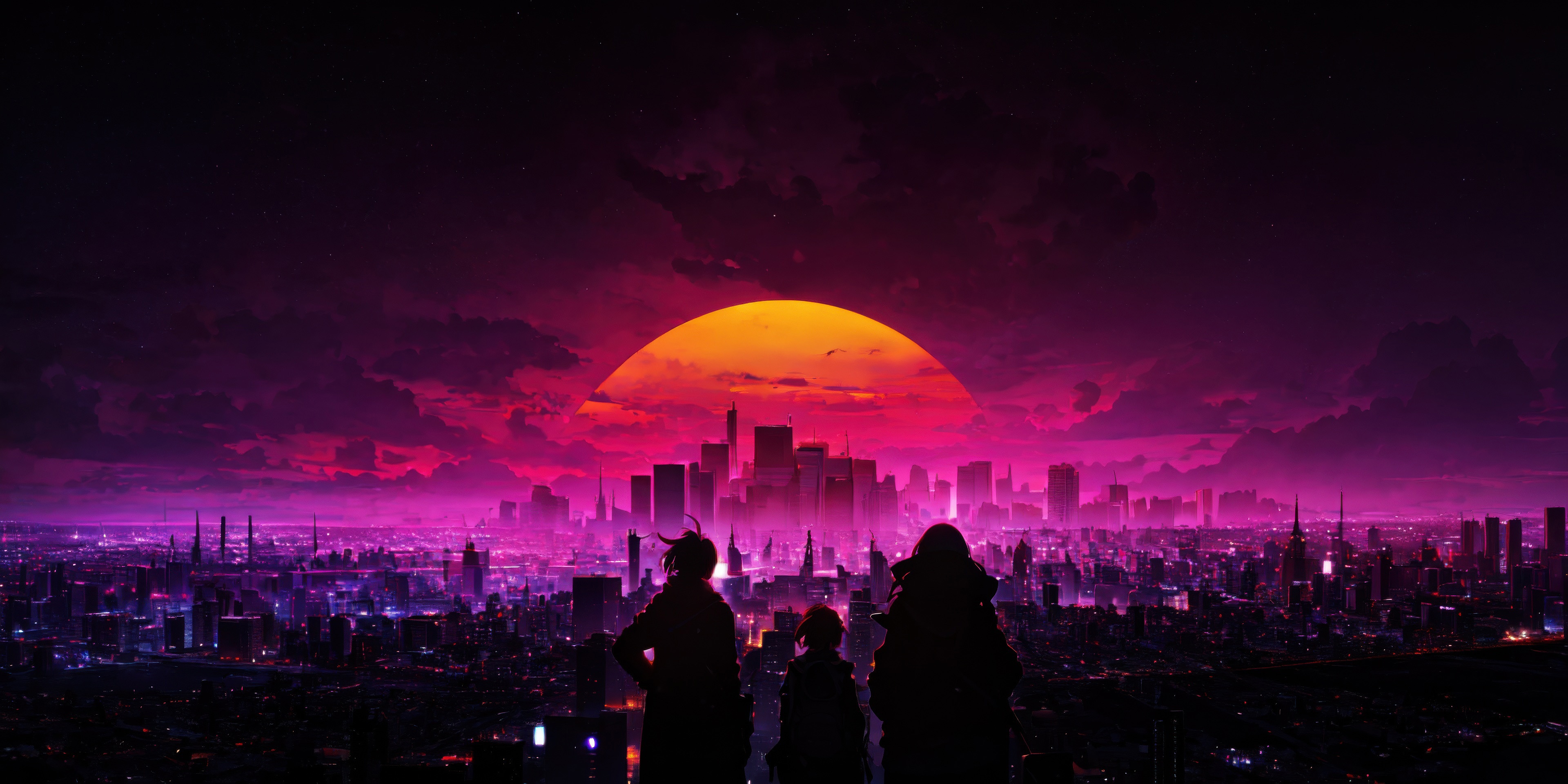 Three figures watch a neon city at sunset HD Wallpaper