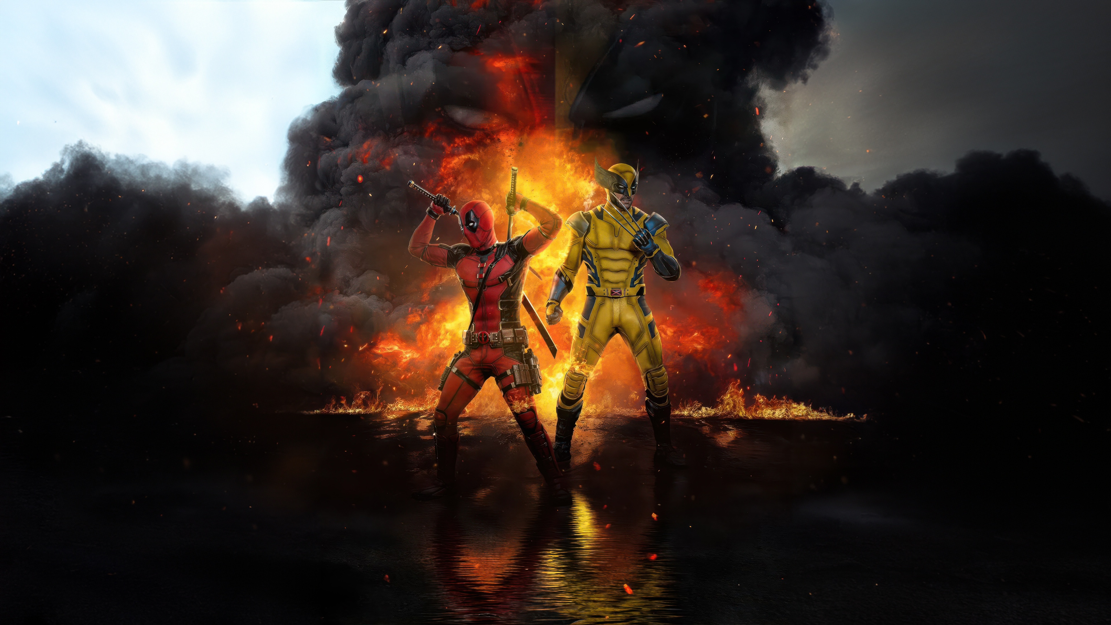 Deadpool and Wolverine in front of explosion HD Wallpaper