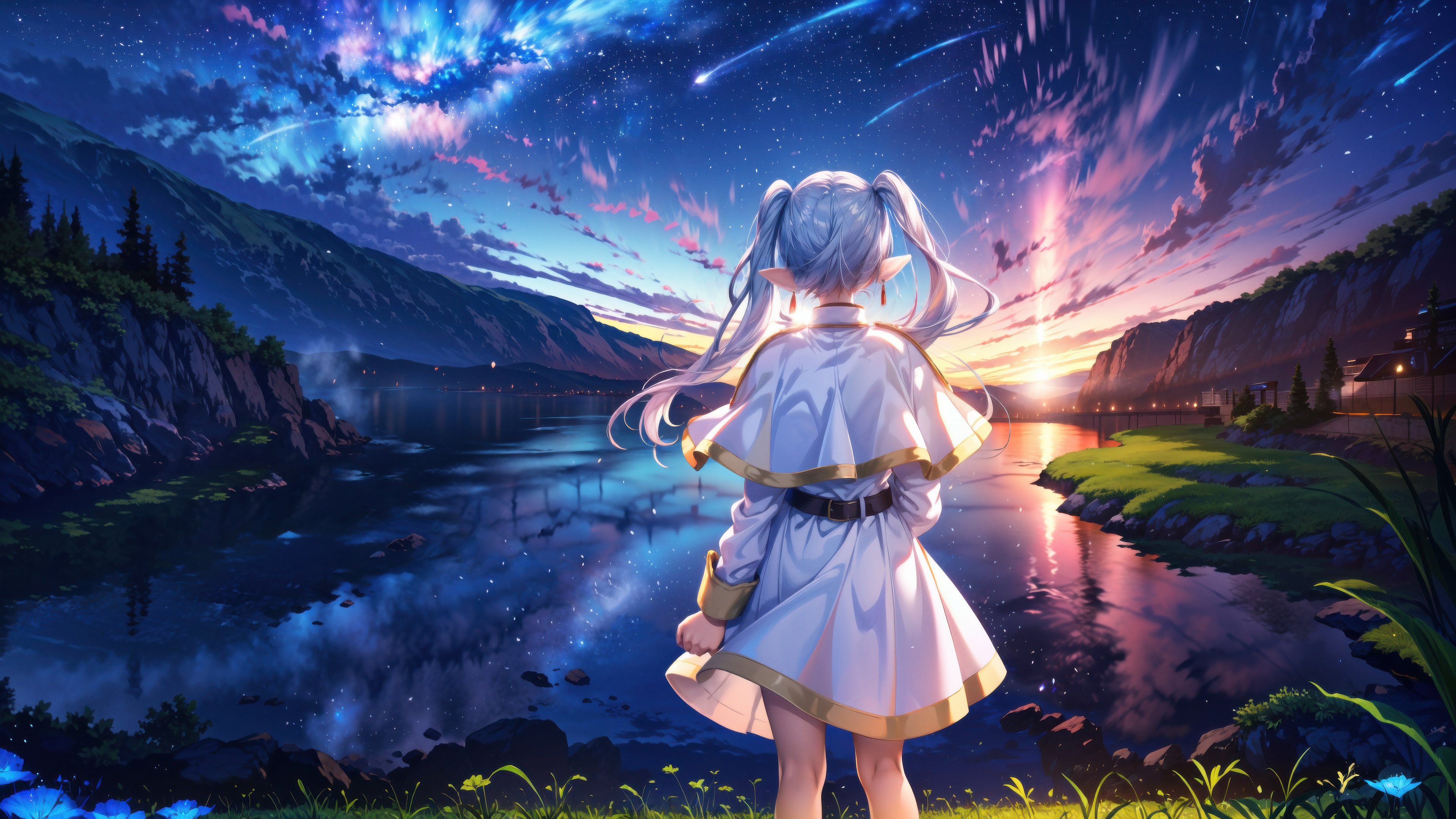 Girl Watching Era Meteor Shower Over Lake HD Wallpaper