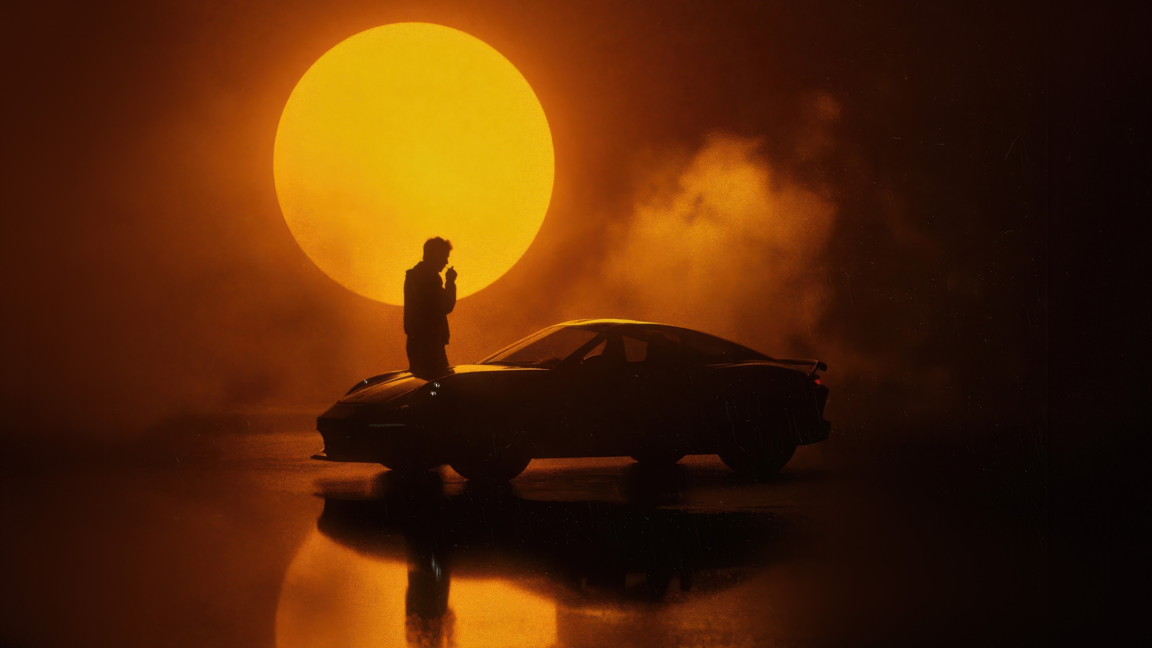 Man leaning on a car with a large sun behind HD Wallpaper