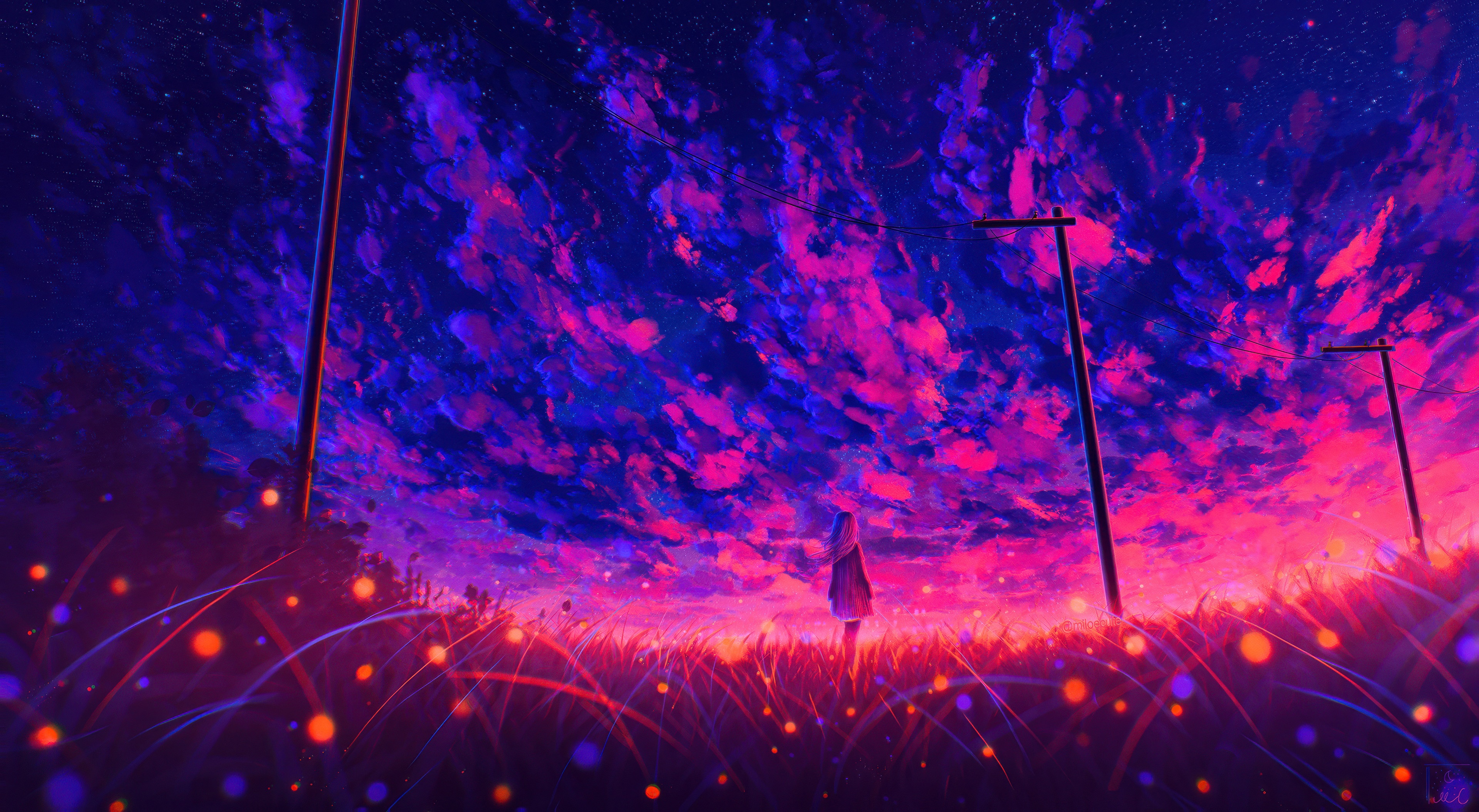 Anime girl in a field under a colorful sky HD Wallpaper