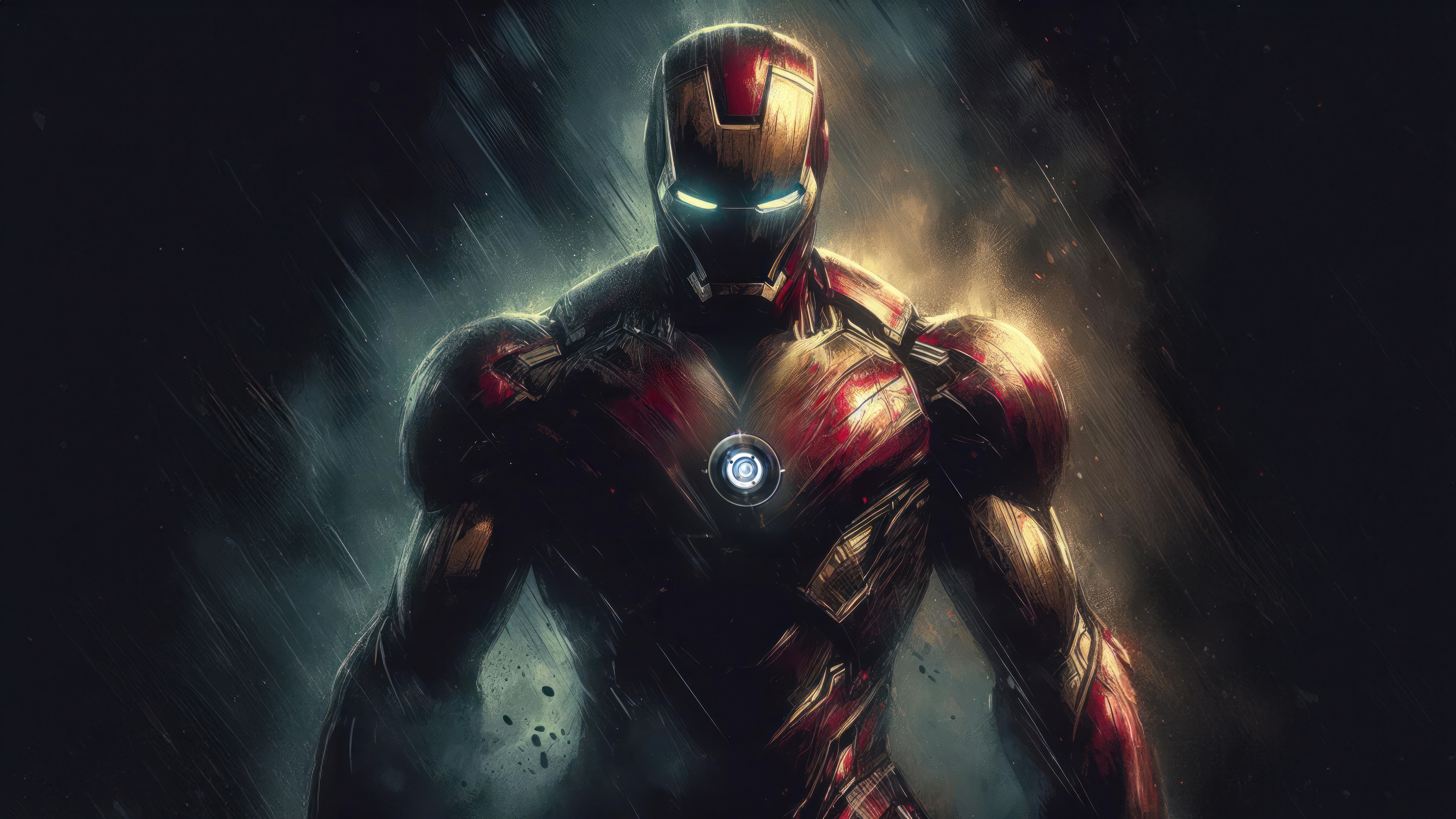 Iron Man in a dark, rainy environment HD Wallpaper
