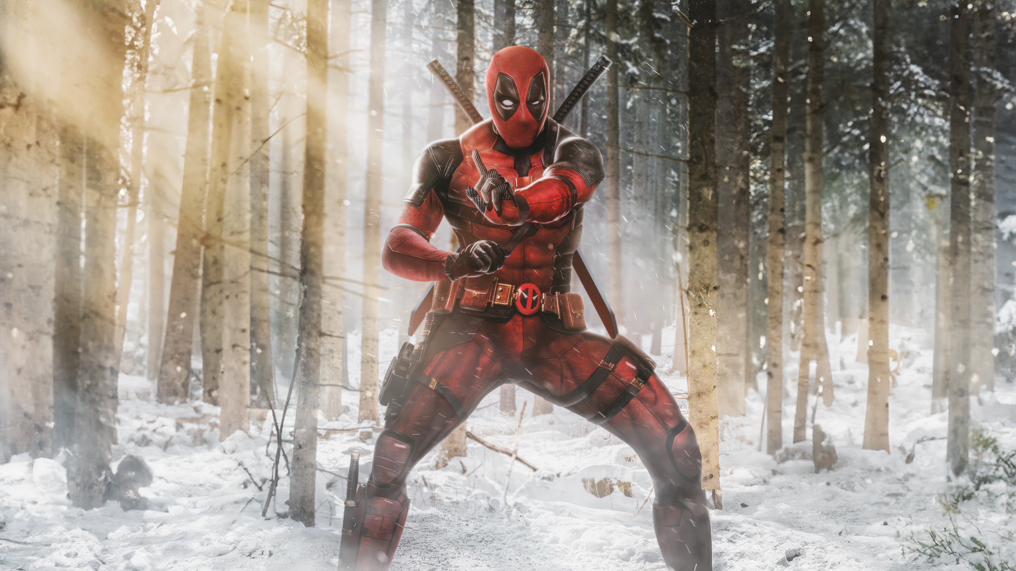 Deadpool in a Snowy Forest HD Wallpaper