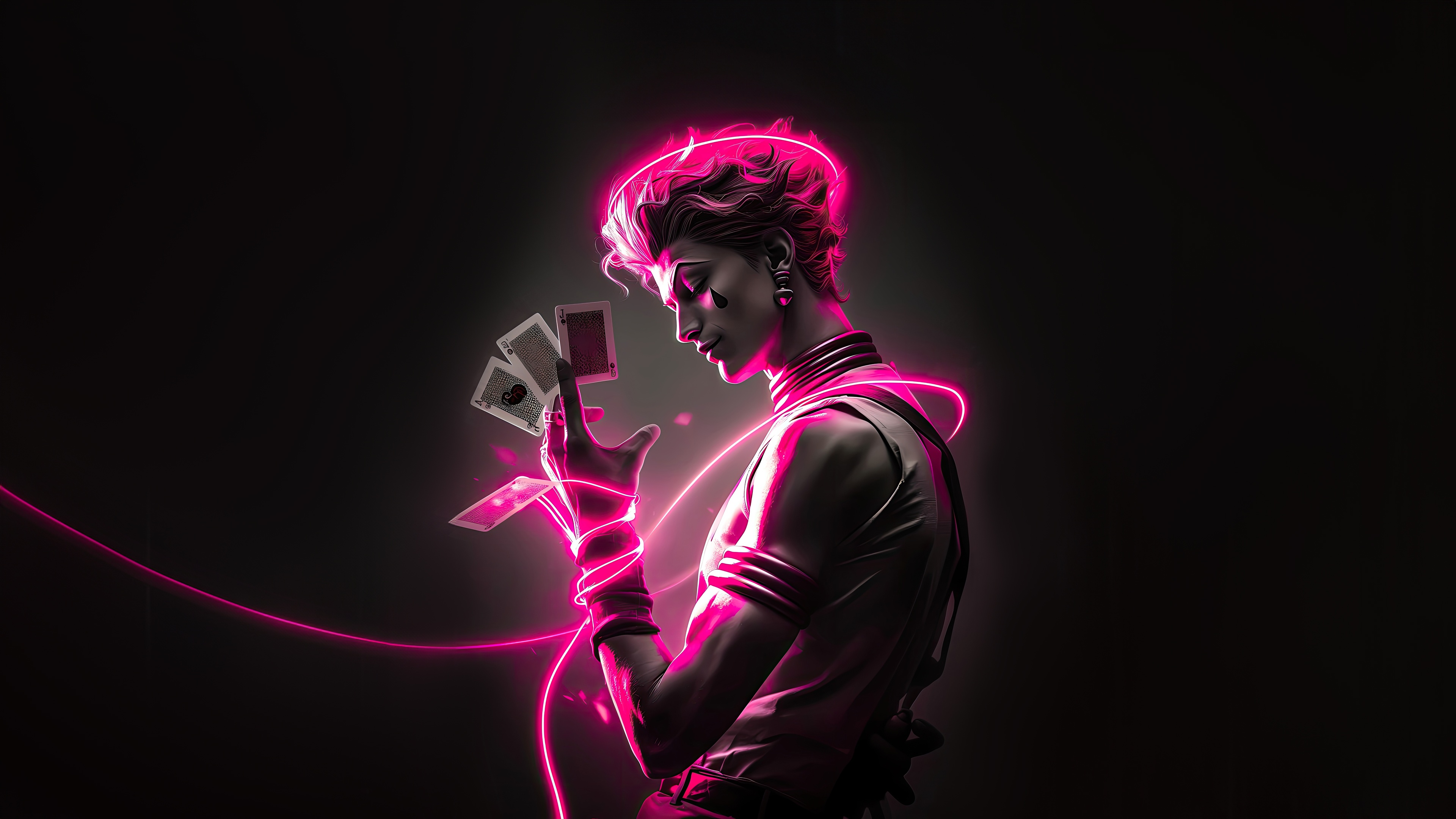 Hisoka Morow with playing cards and neon lights HD Wallpaper