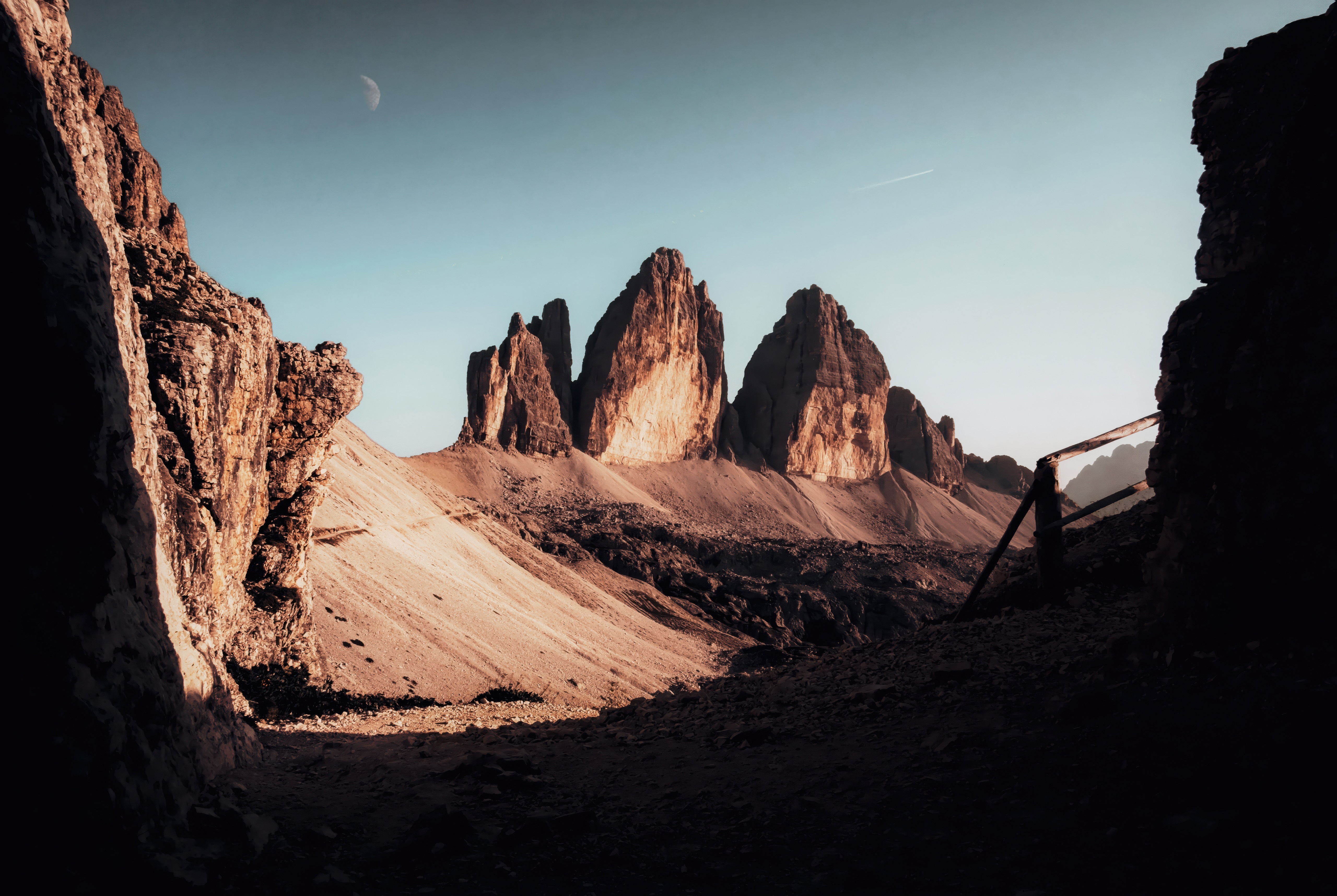 Tre Cime di Lavaredo mountains under a clear sky HD Wallpaper