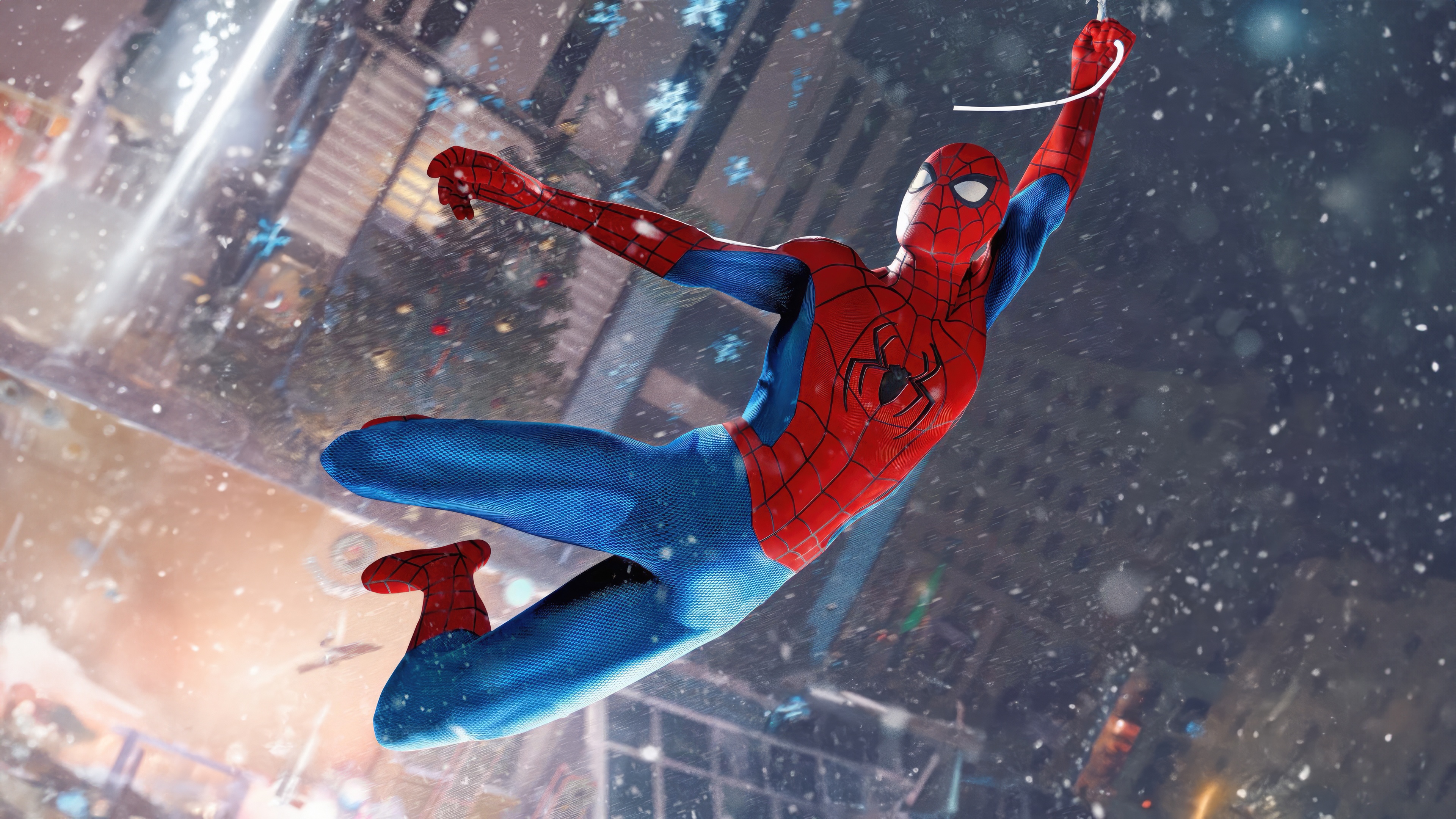Spider-Man swinging through a snowy city HD Wallpaper