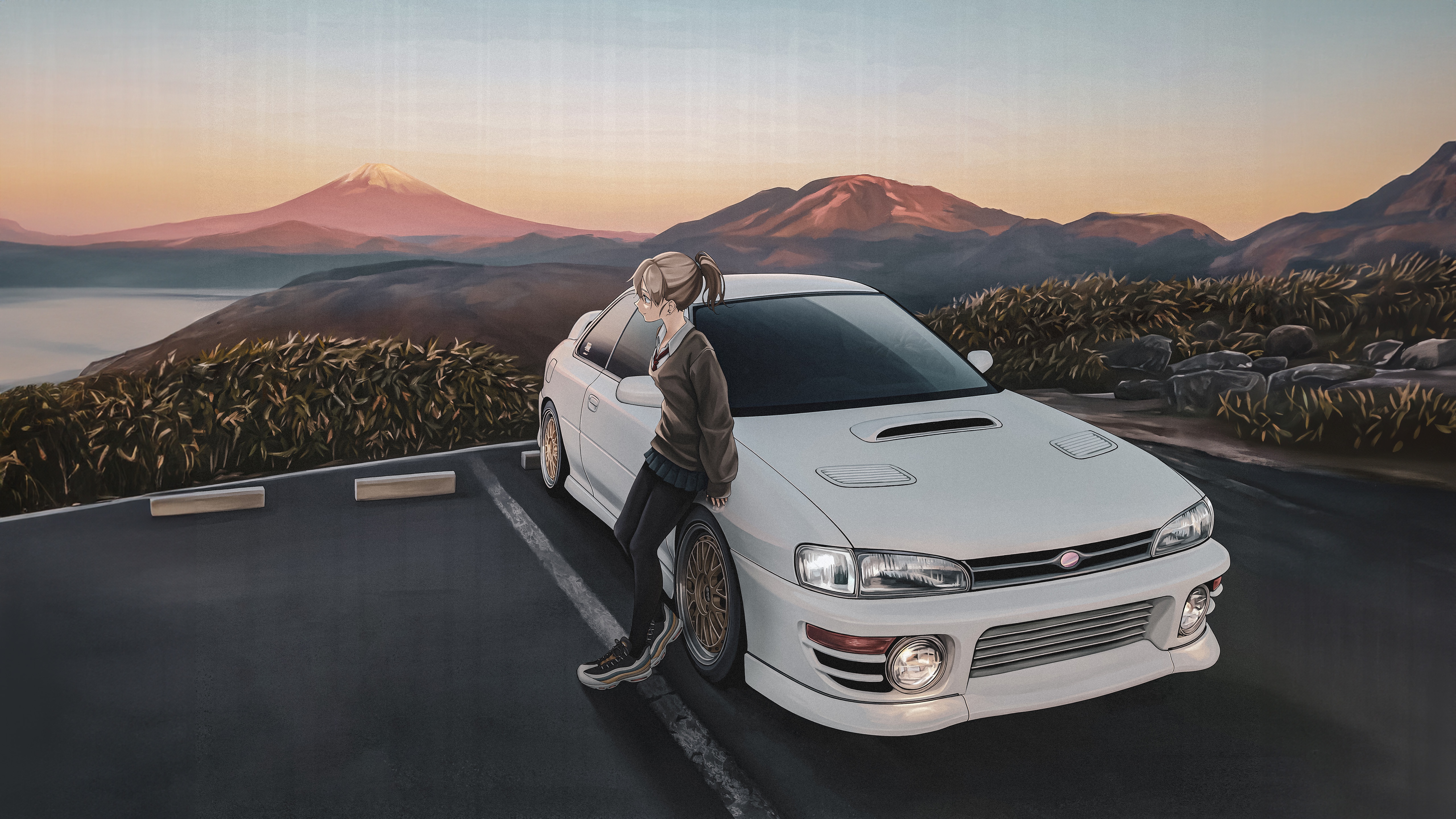 Anime girl leaning on a white Subaru Impreza with Mt. Fuji in the background HD Wallpaper