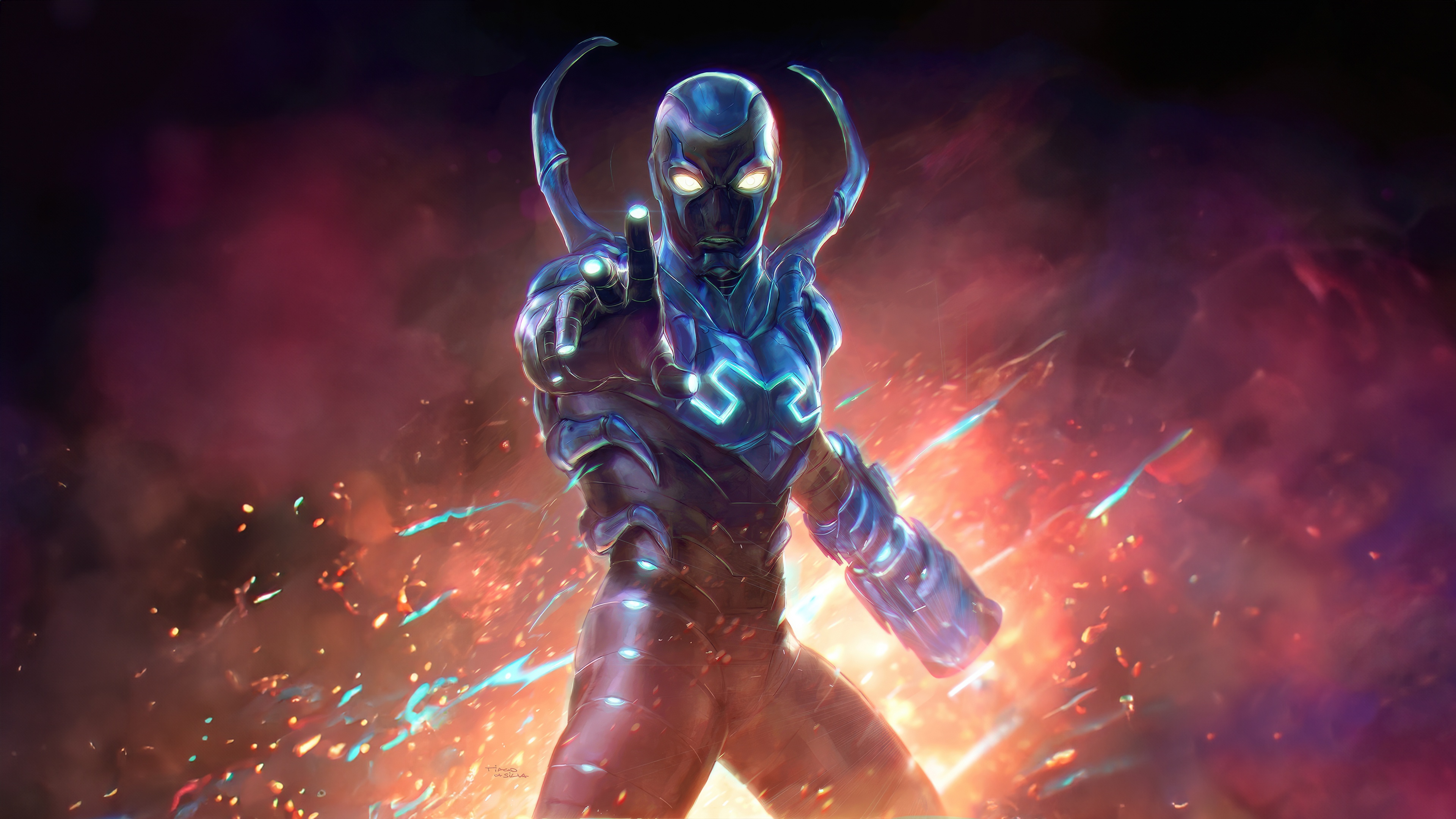 Blue Beetle in a bold stance with fiery background HD Wallpaper