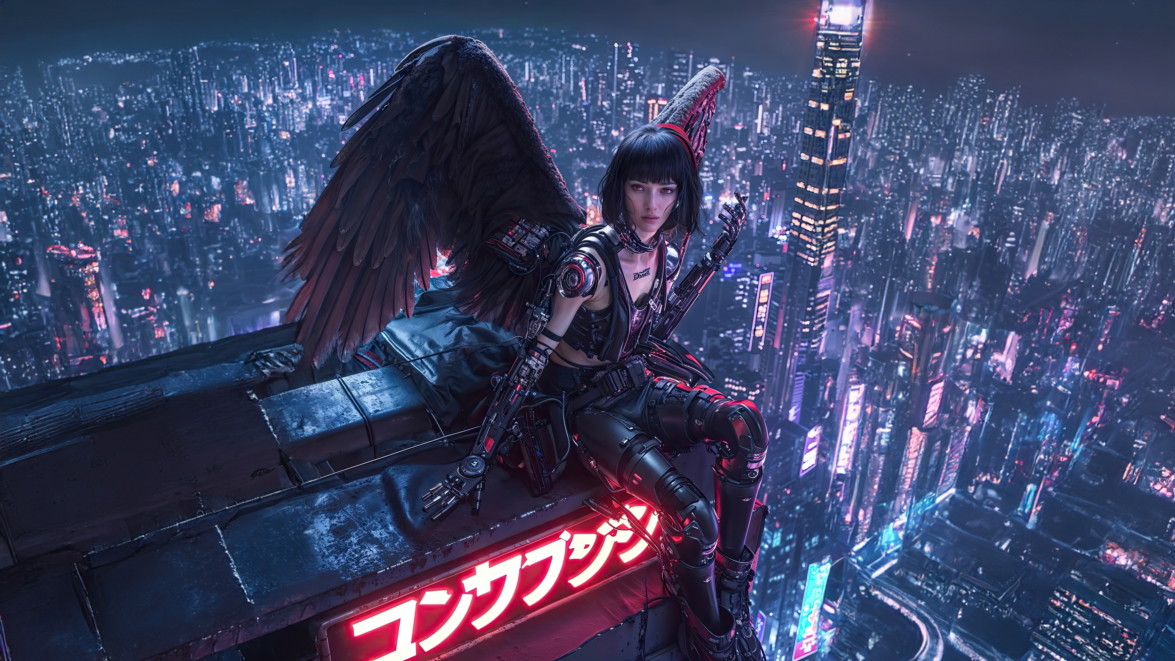 Cyberpunk Girl with Dark Wings on High Tech Cityscape HD Wallpaper