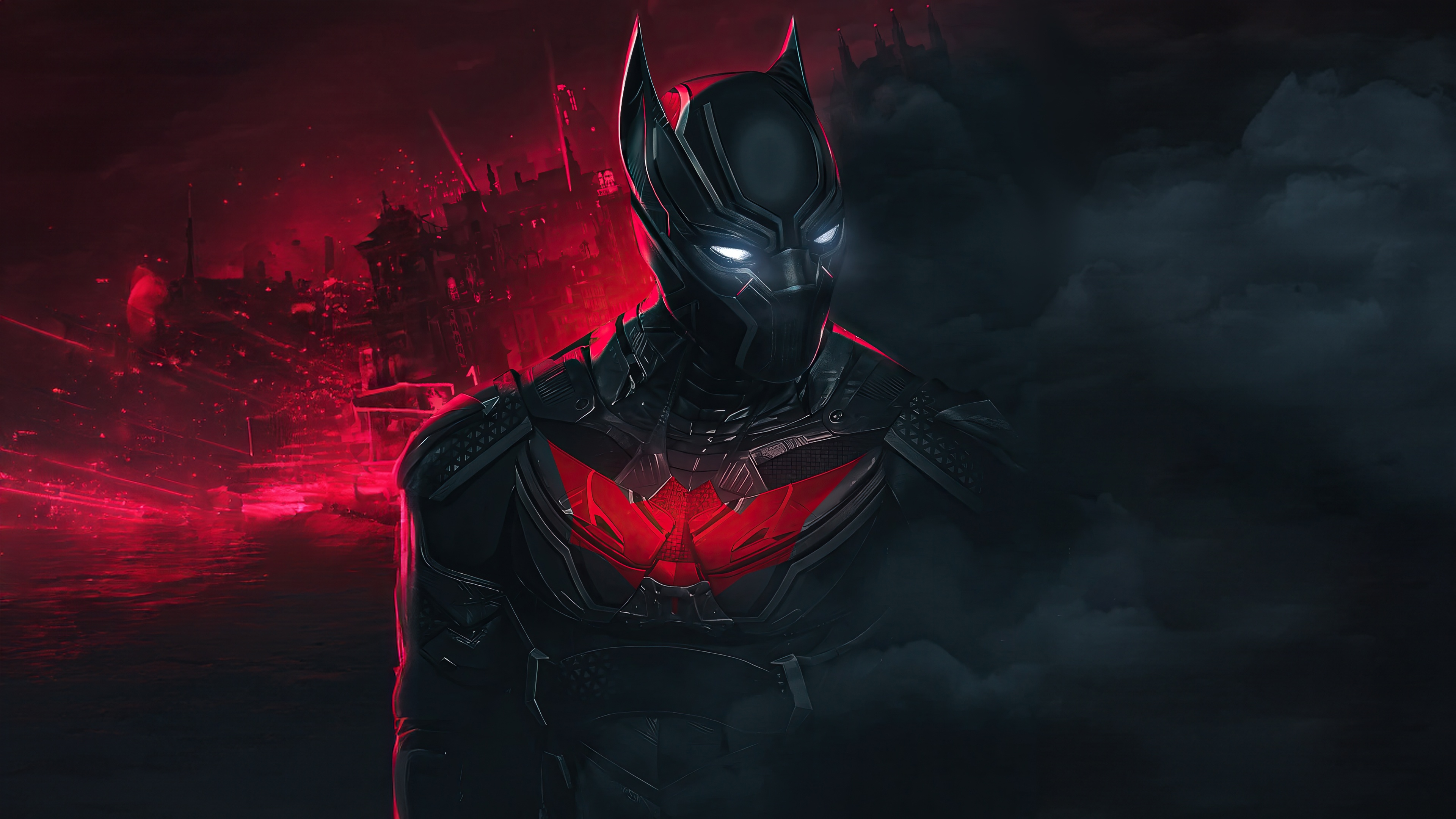 The Batman in a dark, red-lit city HD Wallpaper