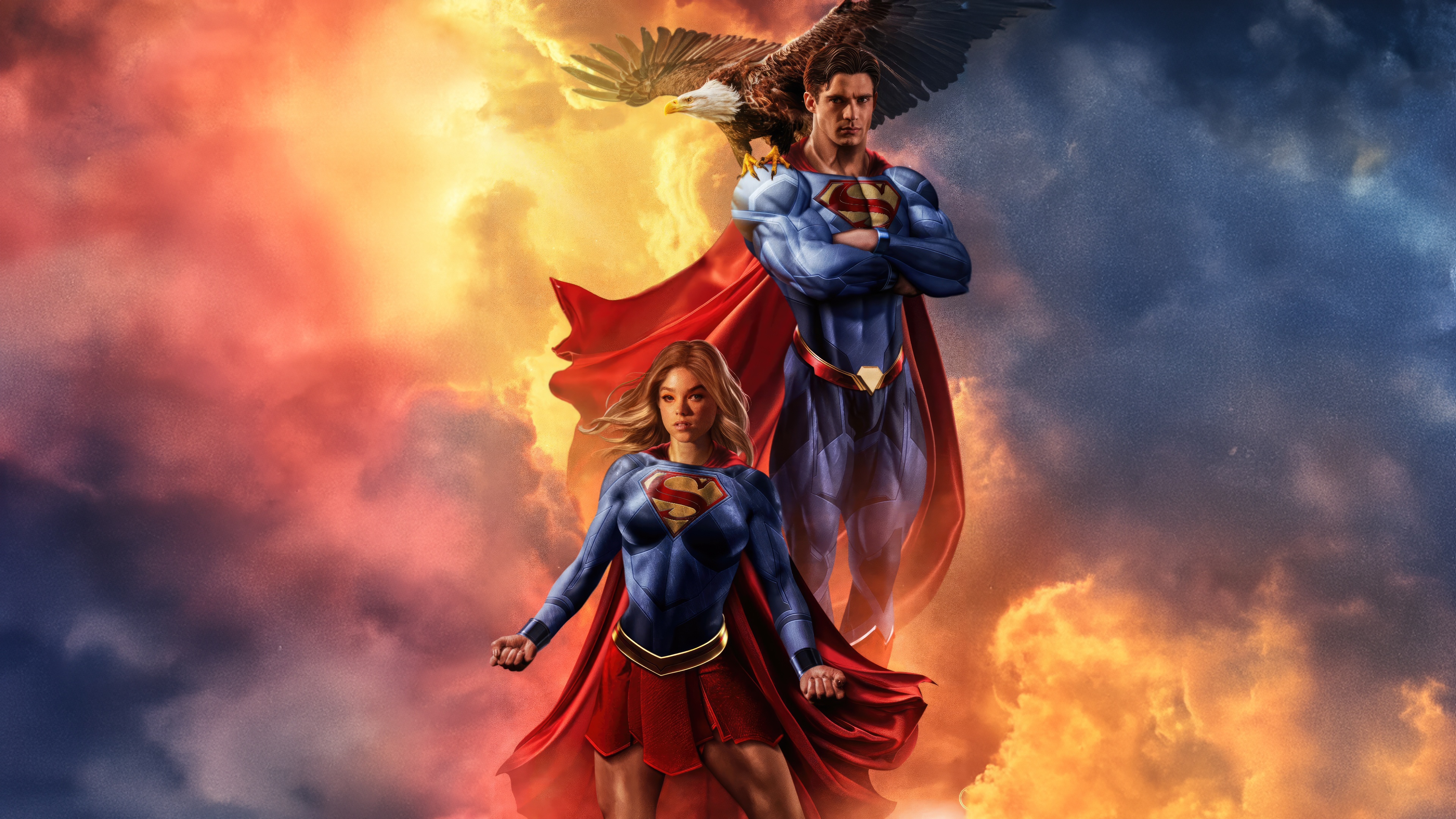 Superman and Supergirl with Eagle in Sky HD Wallpaper