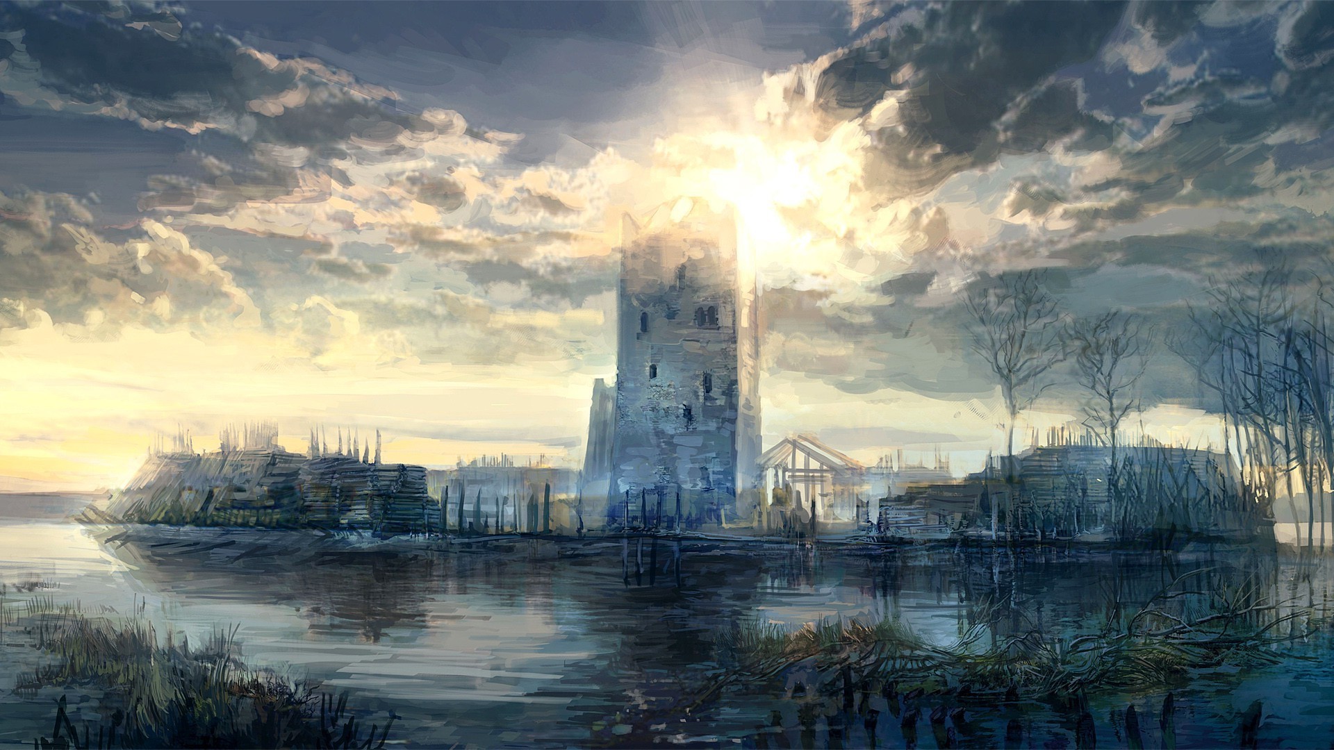 The Witcher concept art of a ruined tower by a lake HD Wallpaper