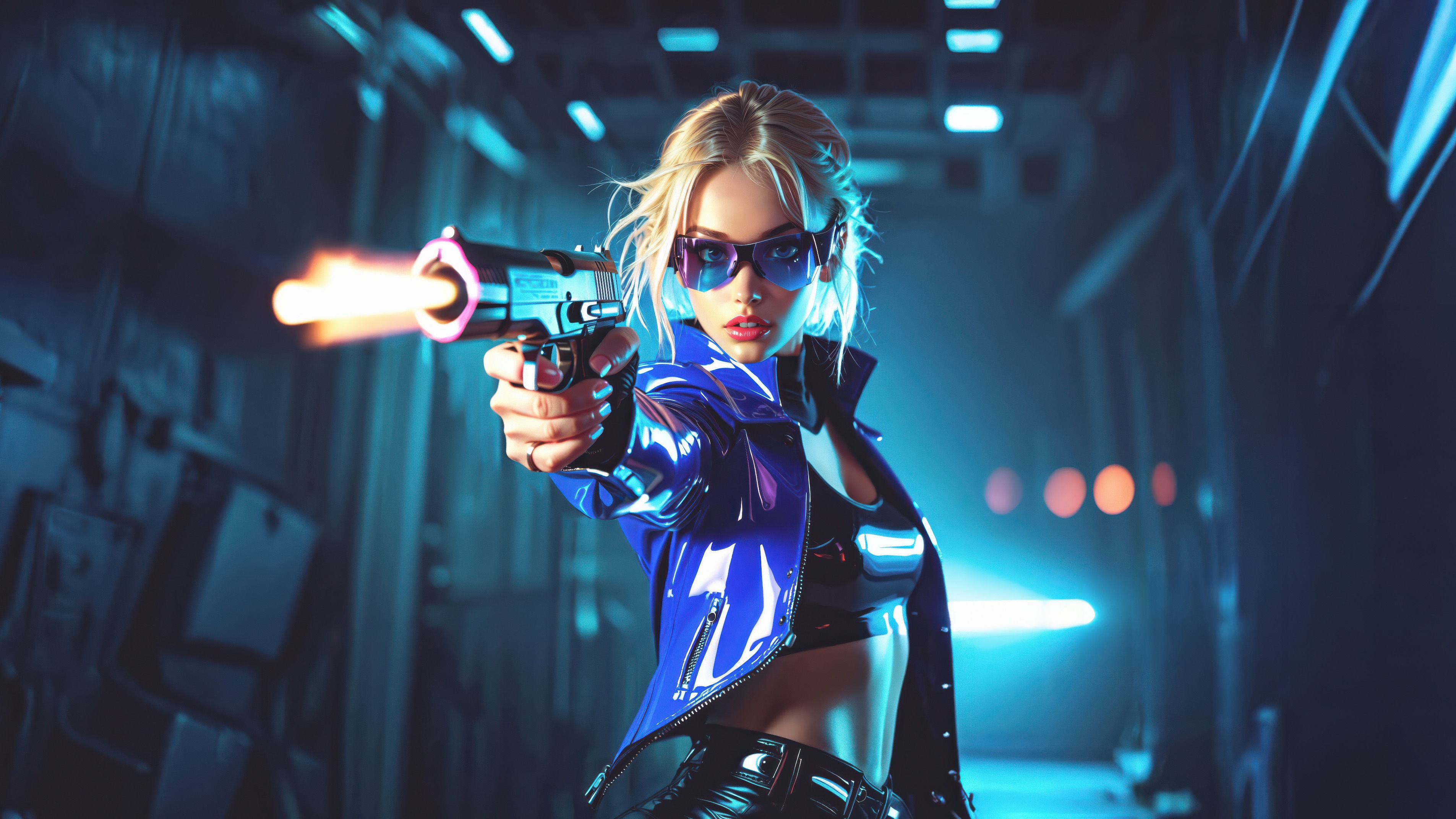 Woman in blue jacket firing a gun in neon lighting HD Wallpaper