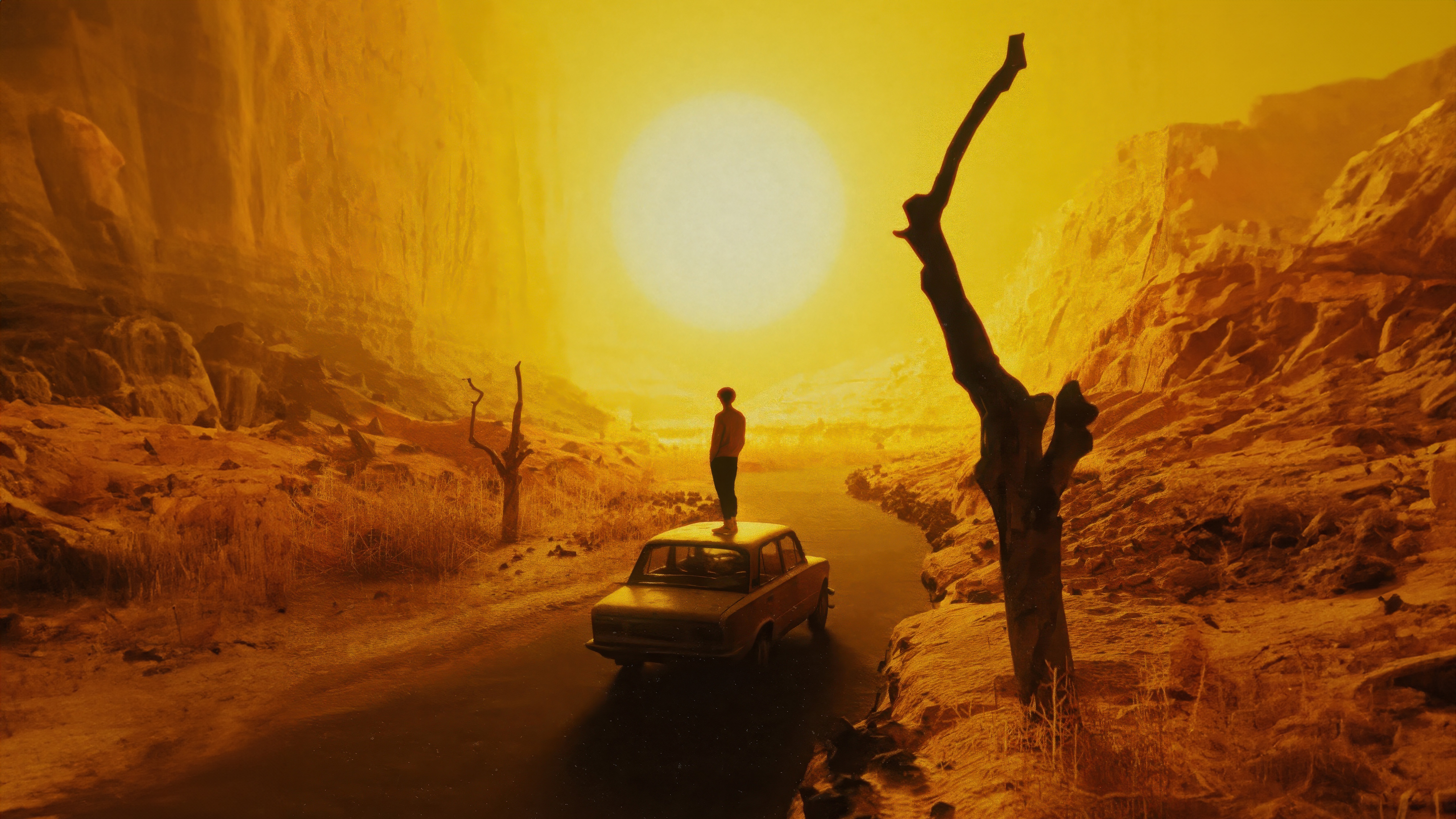 Lone Traveler in Sun Scorched Canyons HD Wallpaper