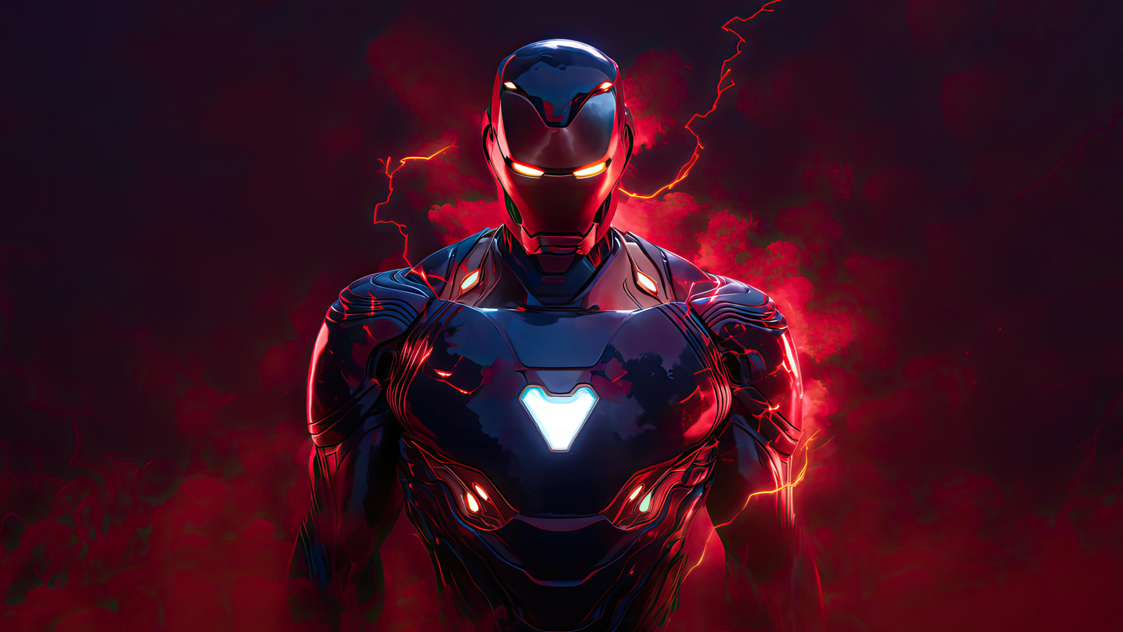 Iron Man in red armor with glowing lights HD Wallpaper