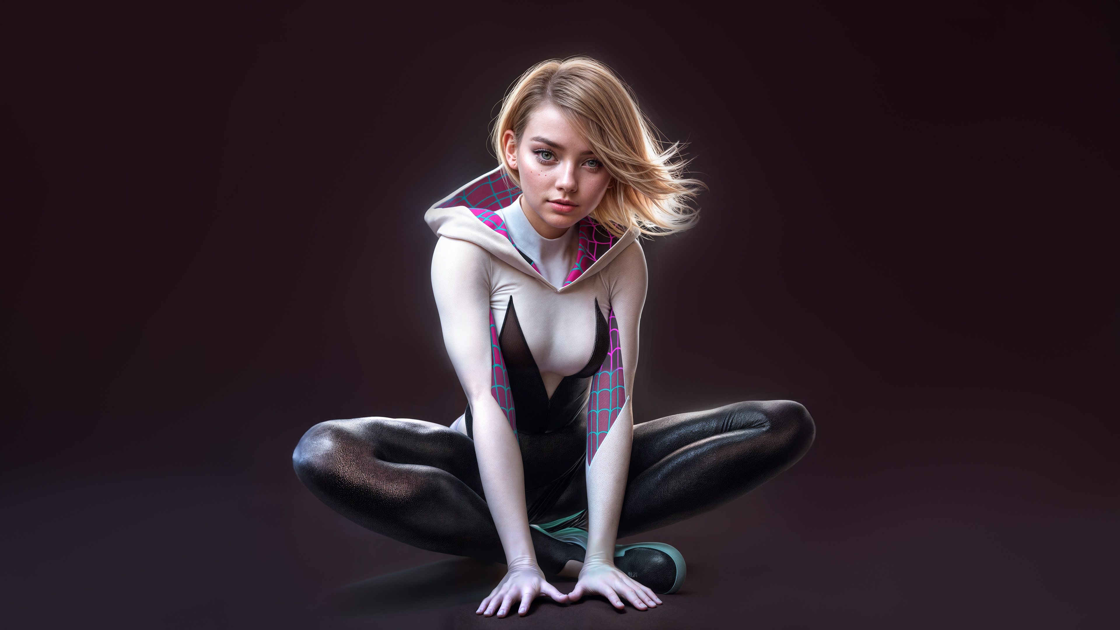 Gwen Stacy in Spider-Gwen costume sitting down HD Wallpaper